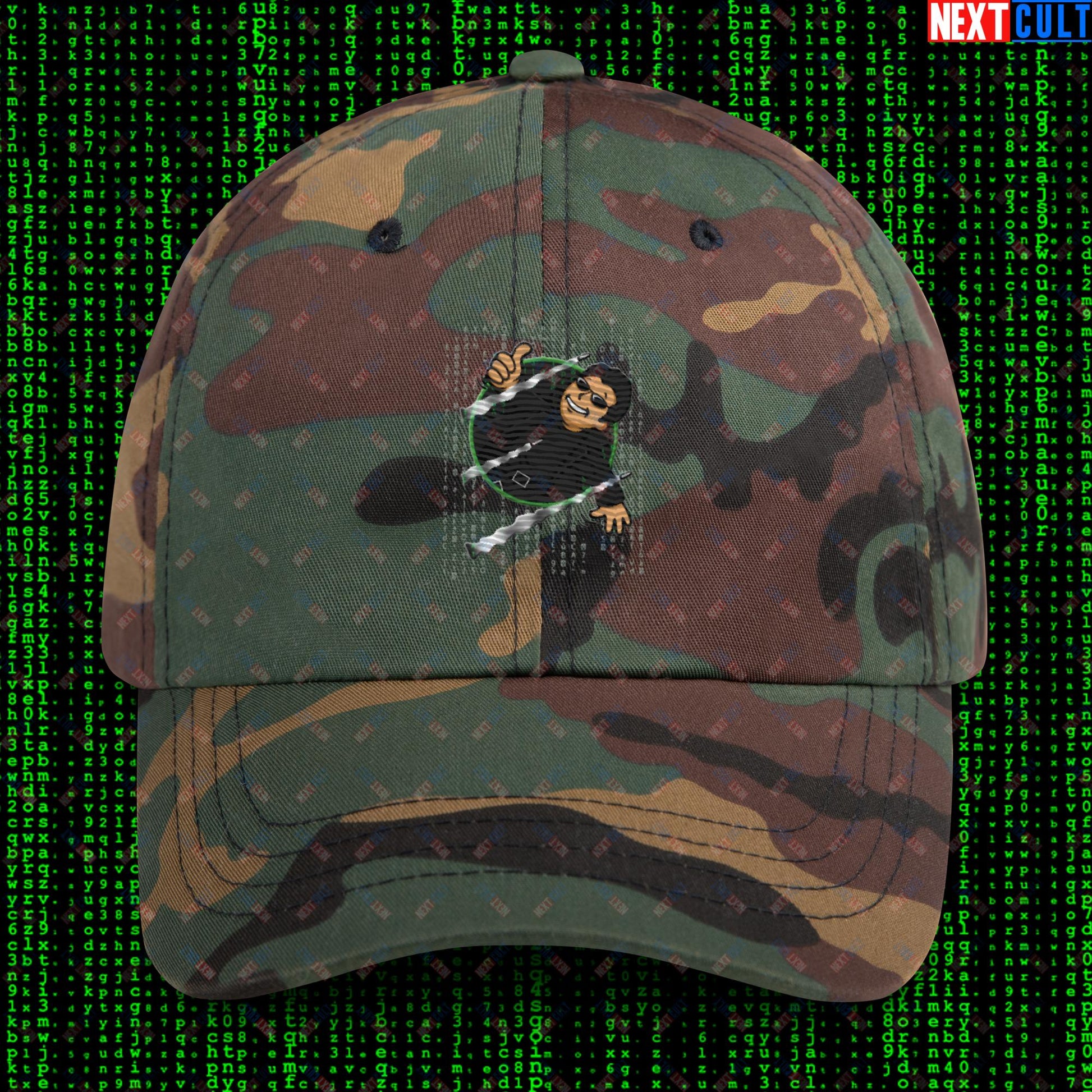 Neo Matrix Vault Boy Fallout Funny Meme Cartoon Mashup Dad hat Green Camo Hats Fallout Keanu Reeves Matrix Movies Vault Boy Next Cult Brand