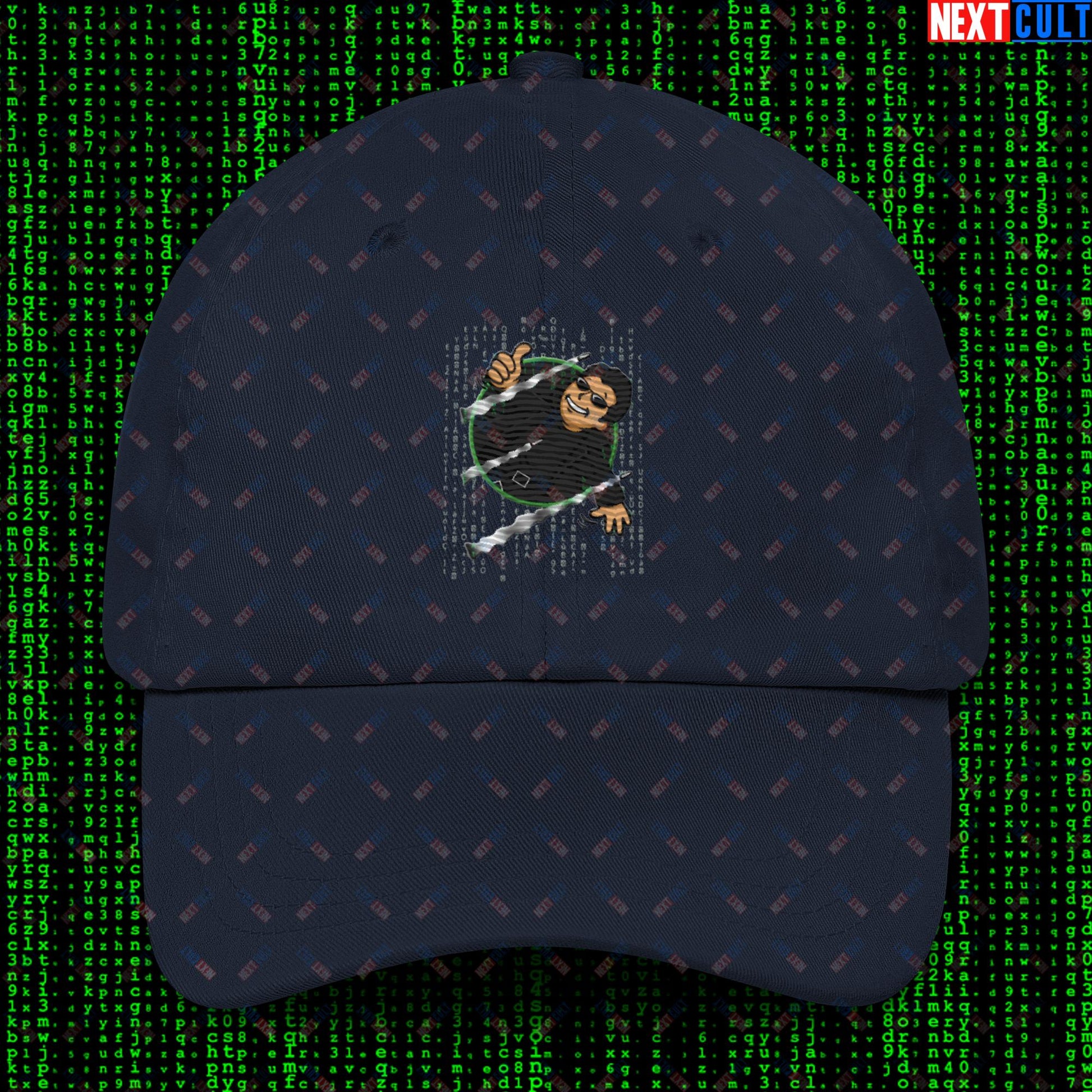 Neo Matrix Vault Boy Fallout Funny Meme Cartoon Mashup Dad hat Navy Hats Fallout Keanu Reeves Matrix Movies Vault Boy Next Cult Brand