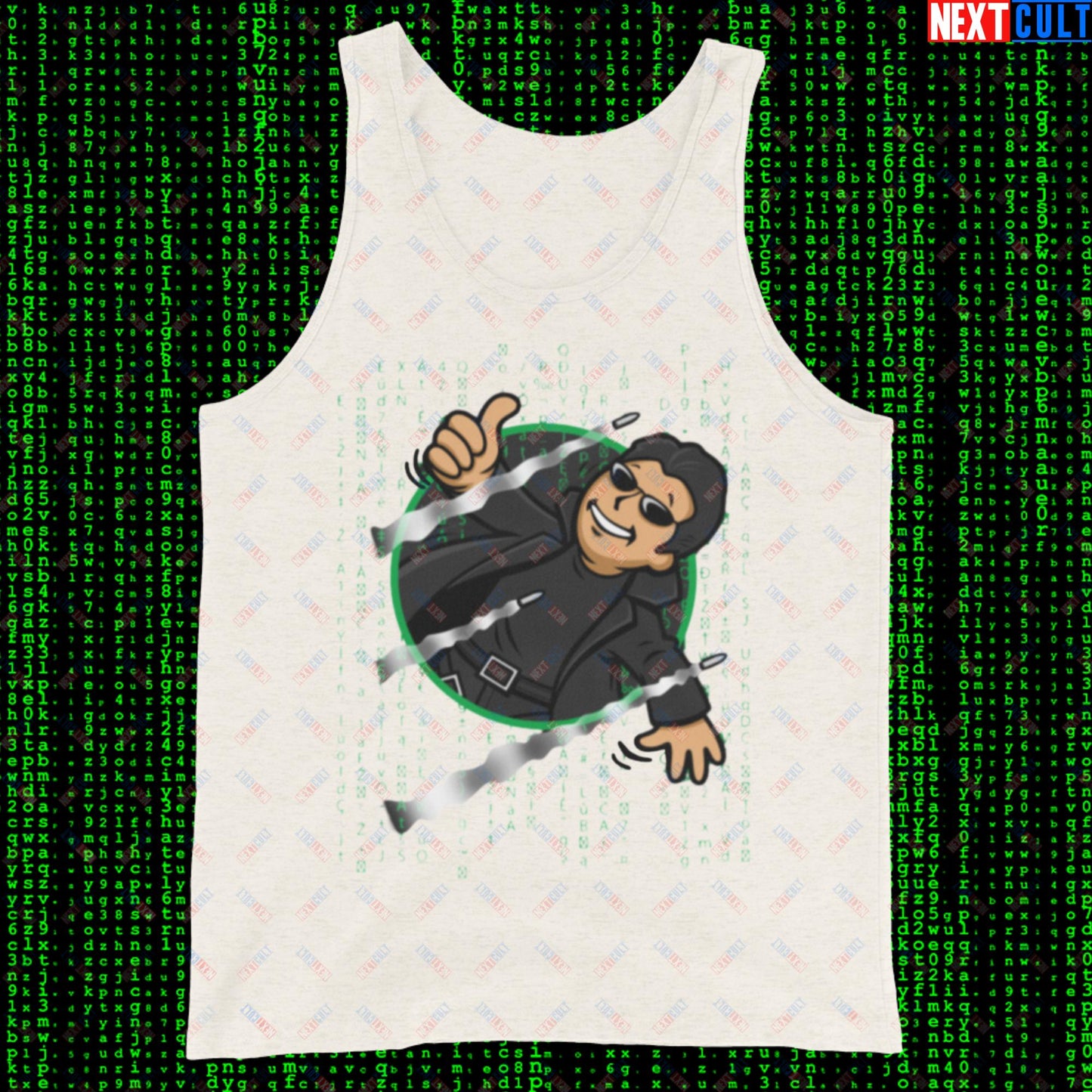 Neo Matrix Vault Boy Fallout Funny Meme Cartoon Mashup Tank Top Oatmeal Triblend Tank Tops Fallout Keanu Reeves Matrix Movies Vault Boy Next Cult Brand