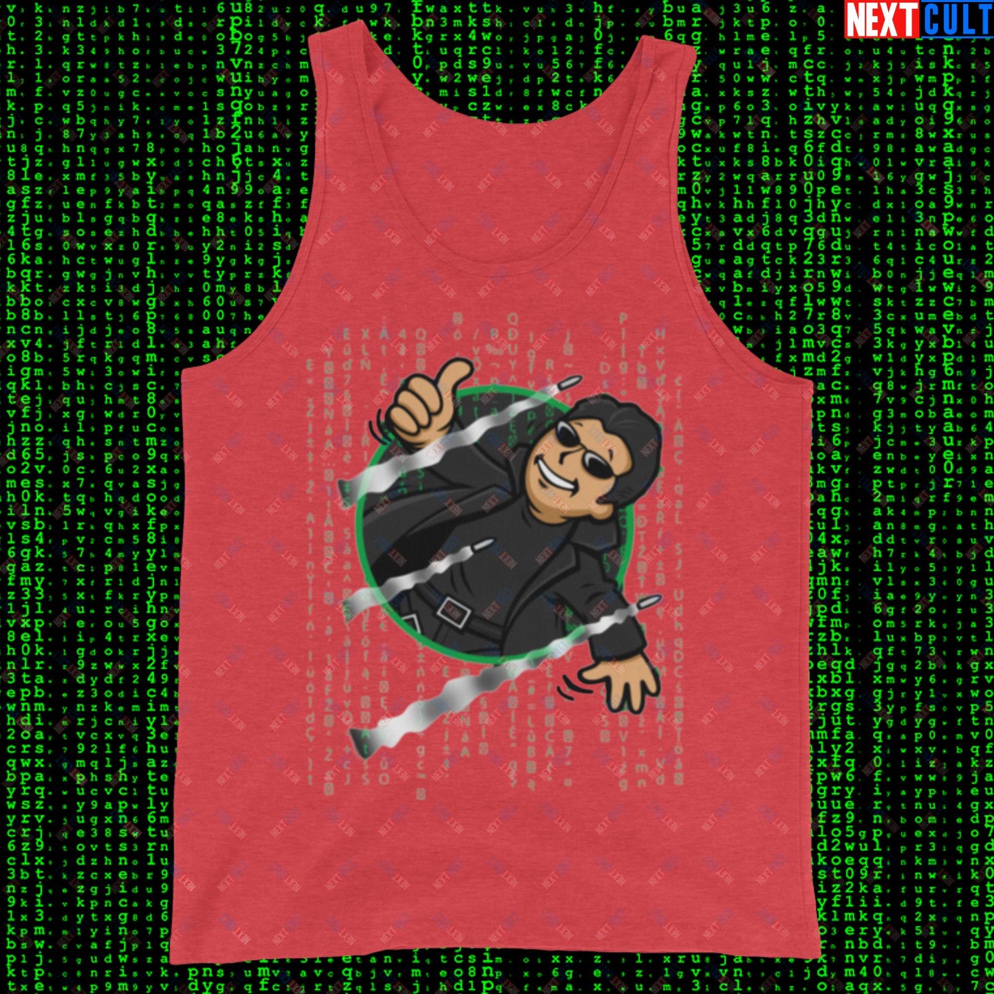 Neo Matrix Vault Boy Fallout Funny Meme Cartoon Mashup Tank Top Red Triblend Tank Tops Fallout Keanu Reeves Matrix Movies Vault Boy Next Cult Brand