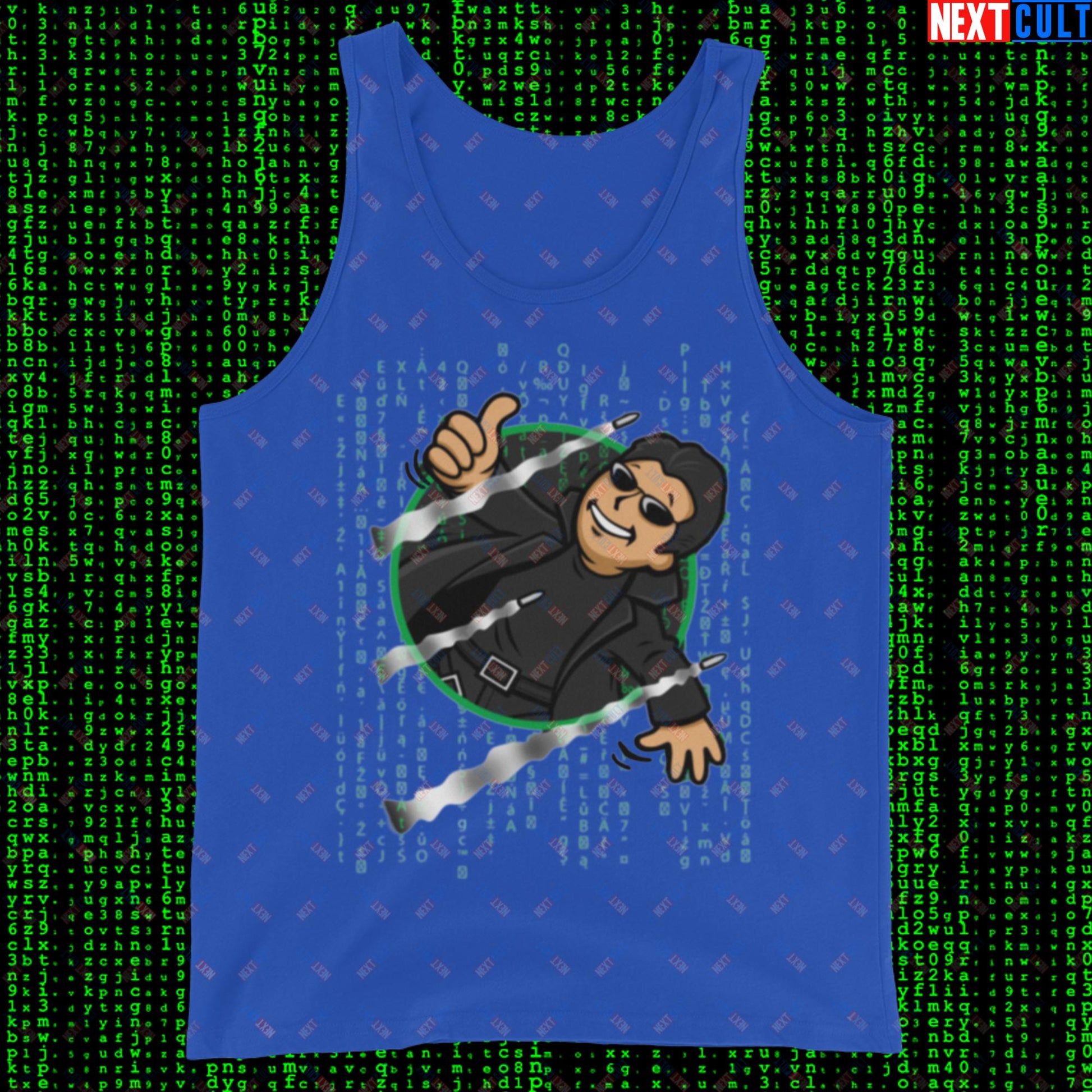 Neo Matrix Vault Boy Fallout Funny Meme Cartoon Mashup Tank Top True Royal Tank Tops Fallout Keanu Reeves Matrix Movies Vault Boy Next Cult Brand