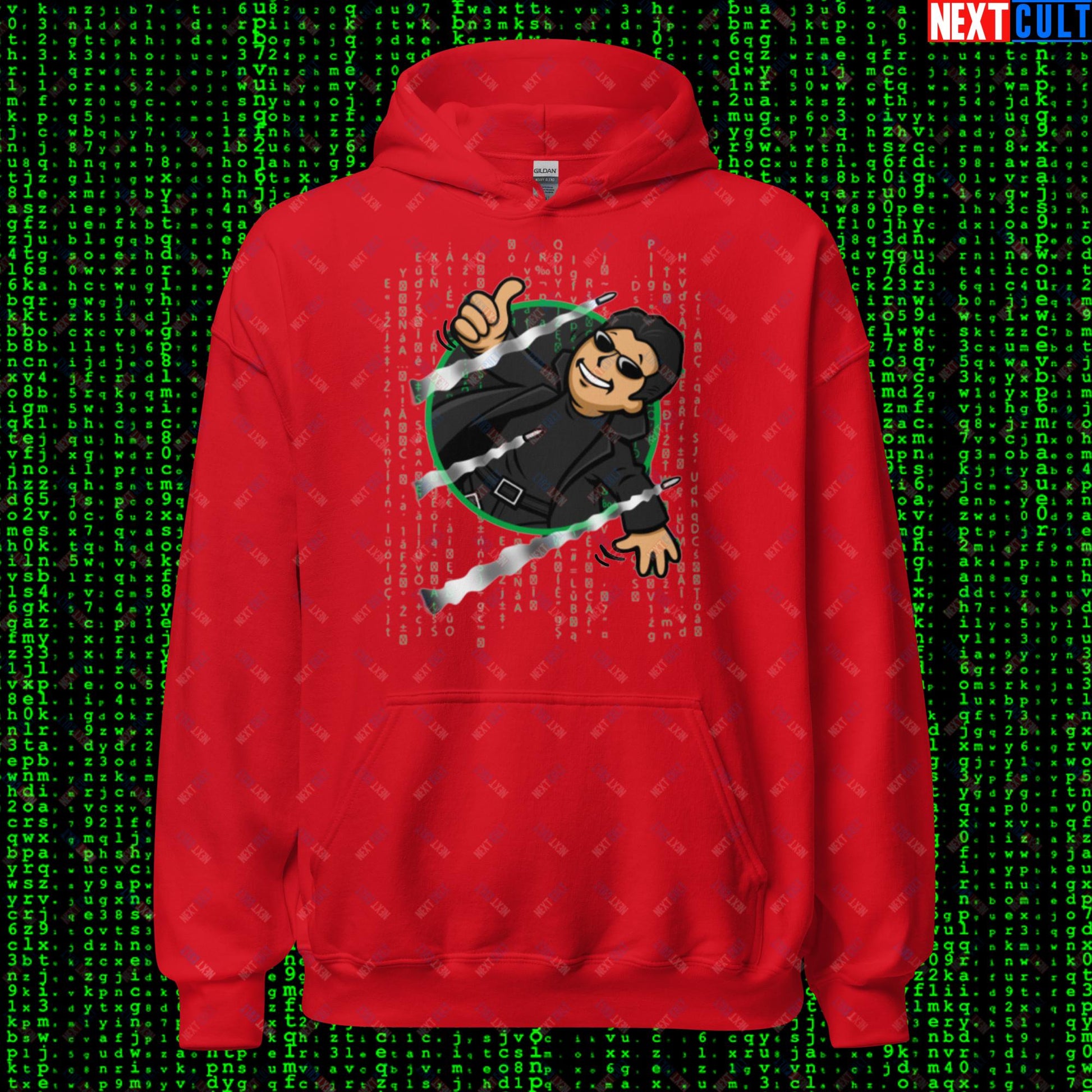 Neo Matrix Vault Boy Fallout Funny Meme Cartoon Mashup Unisex Hoodie Red Hoodies Fallout Keanu Reeves Matrix Movies Vault Boy Next Cult Brand