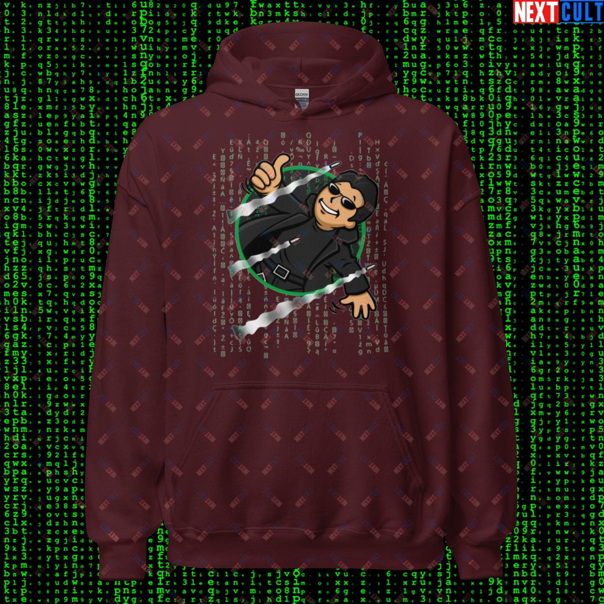 Neo Matrix Vault Boy Fallout Funny Meme Cartoon Mashup Unisex Hoodie Maroon Hoodies Fallout Keanu Reeves Matrix Movies Vault Boy Next Cult Brand