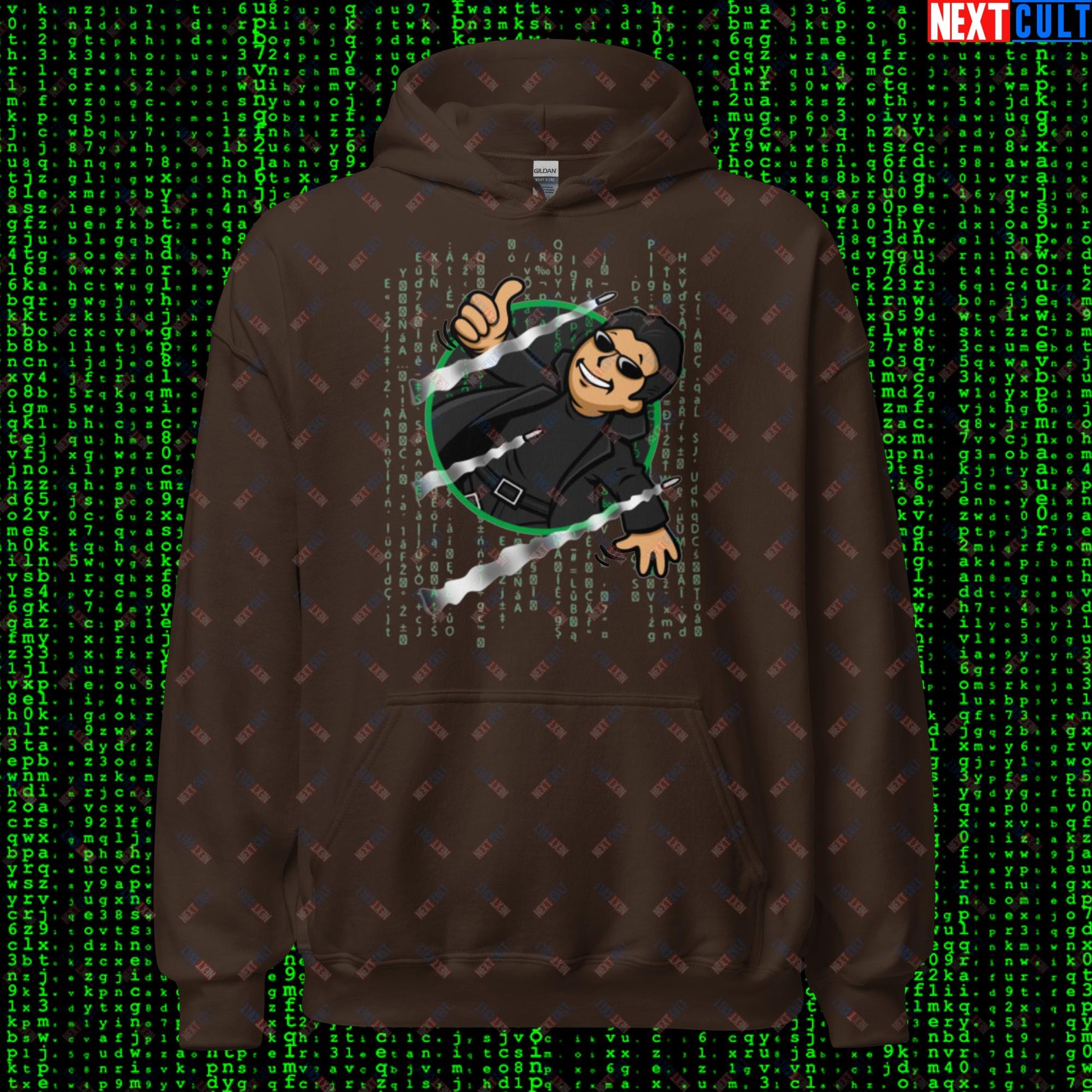 Neo Matrix Vault Boy Fallout Funny Meme Cartoon Mashup Unisex Hoodie Dark Chocolate Hoodies Fallout Keanu Reeves Matrix Movies Vault Boy Next Cult Brand