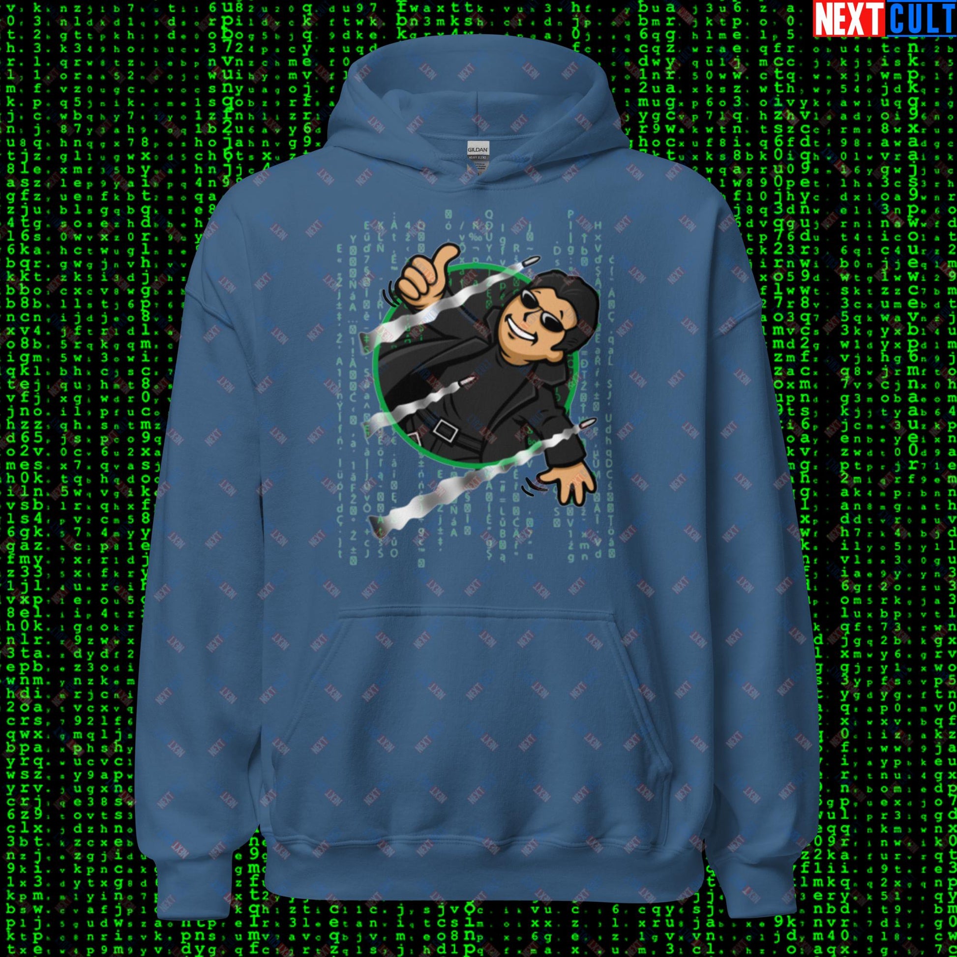 Neo Matrix Vault Boy Fallout Funny Meme Cartoon Mashup Unisex Hoodie Indigo Blue Hoodies Fallout Keanu Reeves Matrix Movies Vault Boy Next Cult Brand