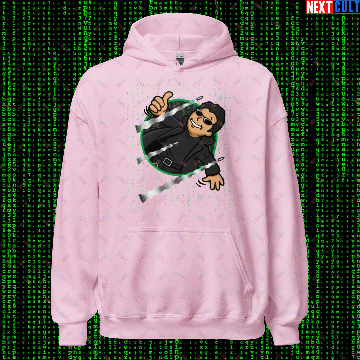 Neo Matrix Vault Boy Fallout Funny Meme Cartoon Mashup Unisex Hoodie Light Pink Hoodies Fallout Keanu Reeves Matrix Movies Vault Boy Next Cult Brand