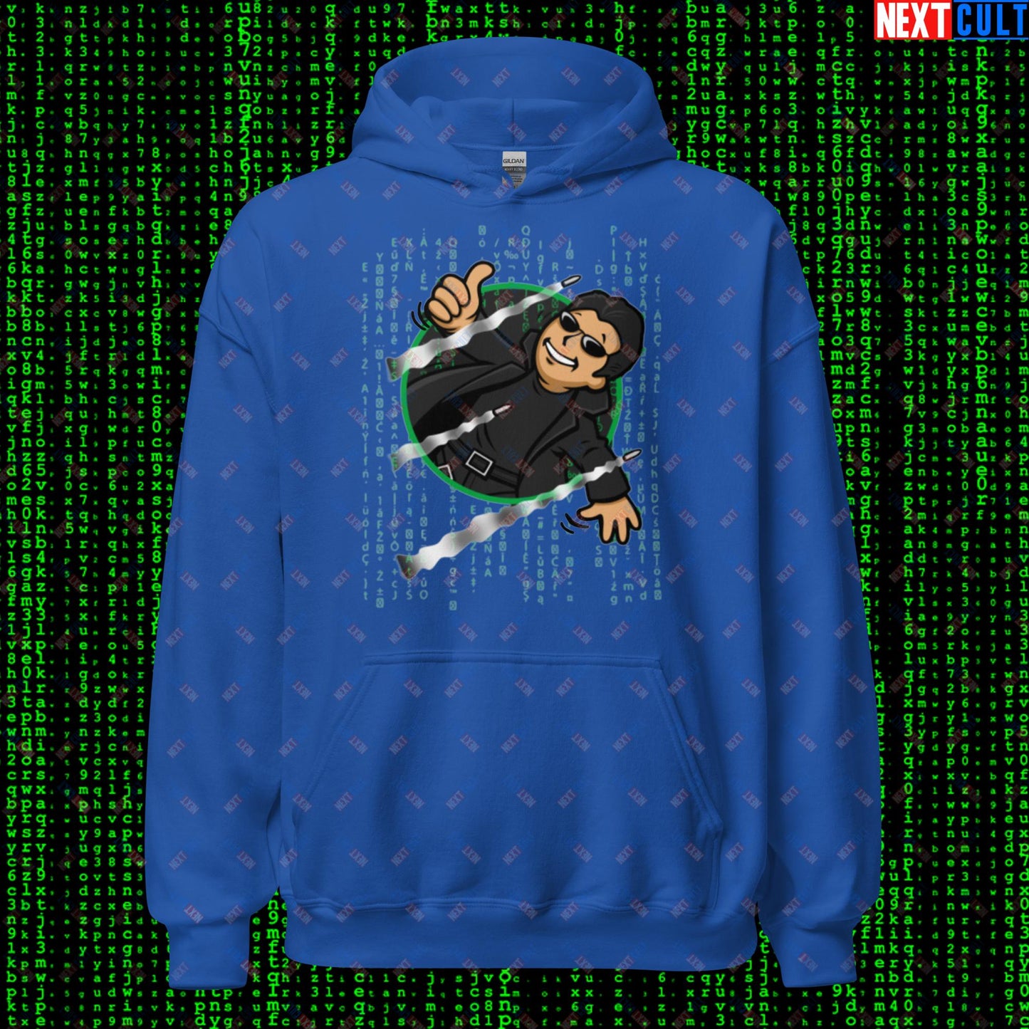 Neo Matrix Vault Boy Fallout Funny Meme Cartoon Mashup Unisex Hoodie Royal Hoodies Fallout Keanu Reeves Matrix Movies Vault Boy Next Cult Brand