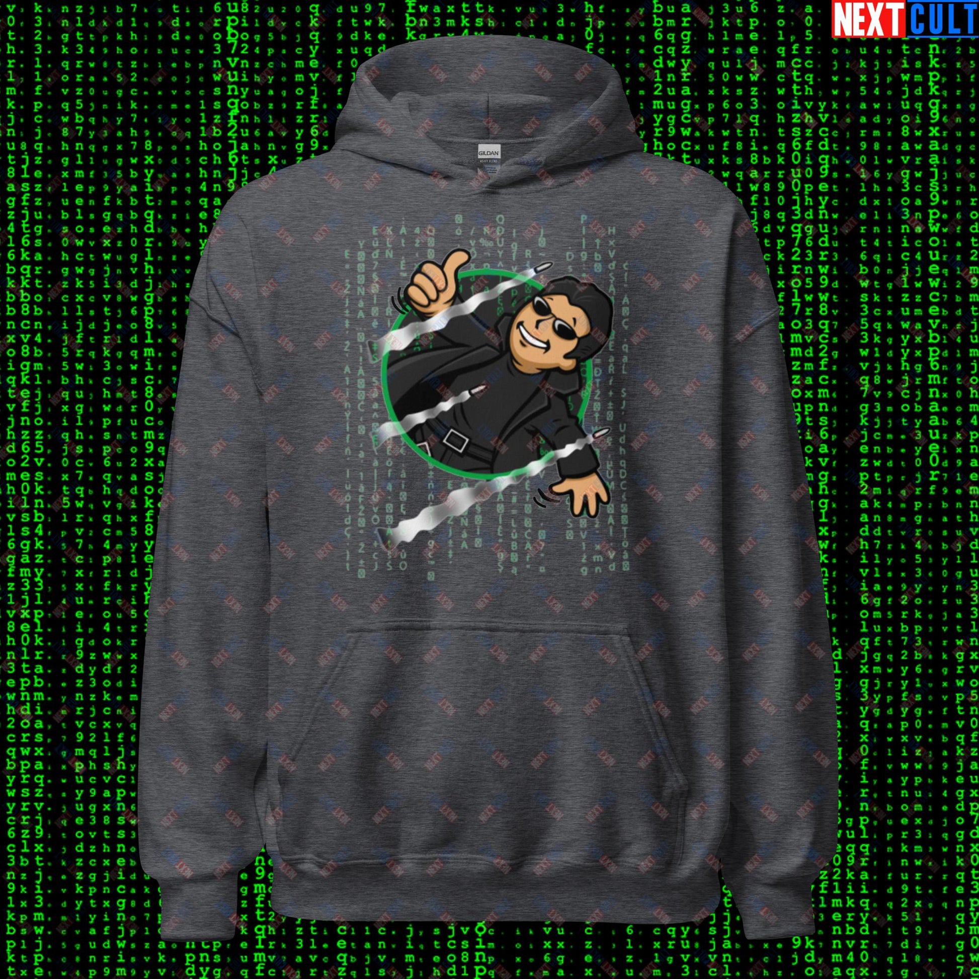 Neo Matrix Vault Boy Fallout Funny Meme Cartoon Mashup Unisex Hoodie Dark Heather Hoodies Fallout Keanu Reeves Matrix Movies Vault Boy Next Cult Brand