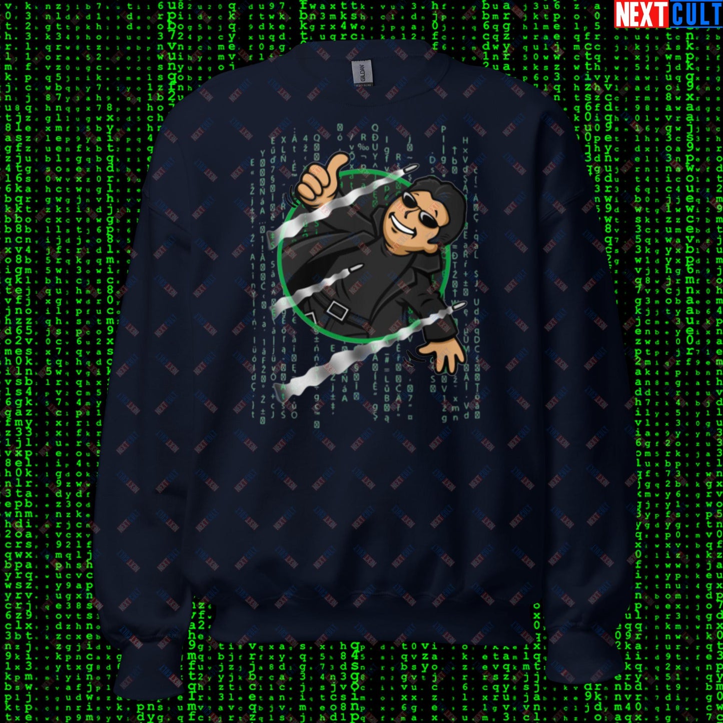 Neo Matrix Vault Boy Fallout Funny Meme Cartoon Mashup Unisex Sweatshirt Navy Sweatshirts Fallout Keanu Reeves Matrix Movies Vault Boy Next Cult Brand