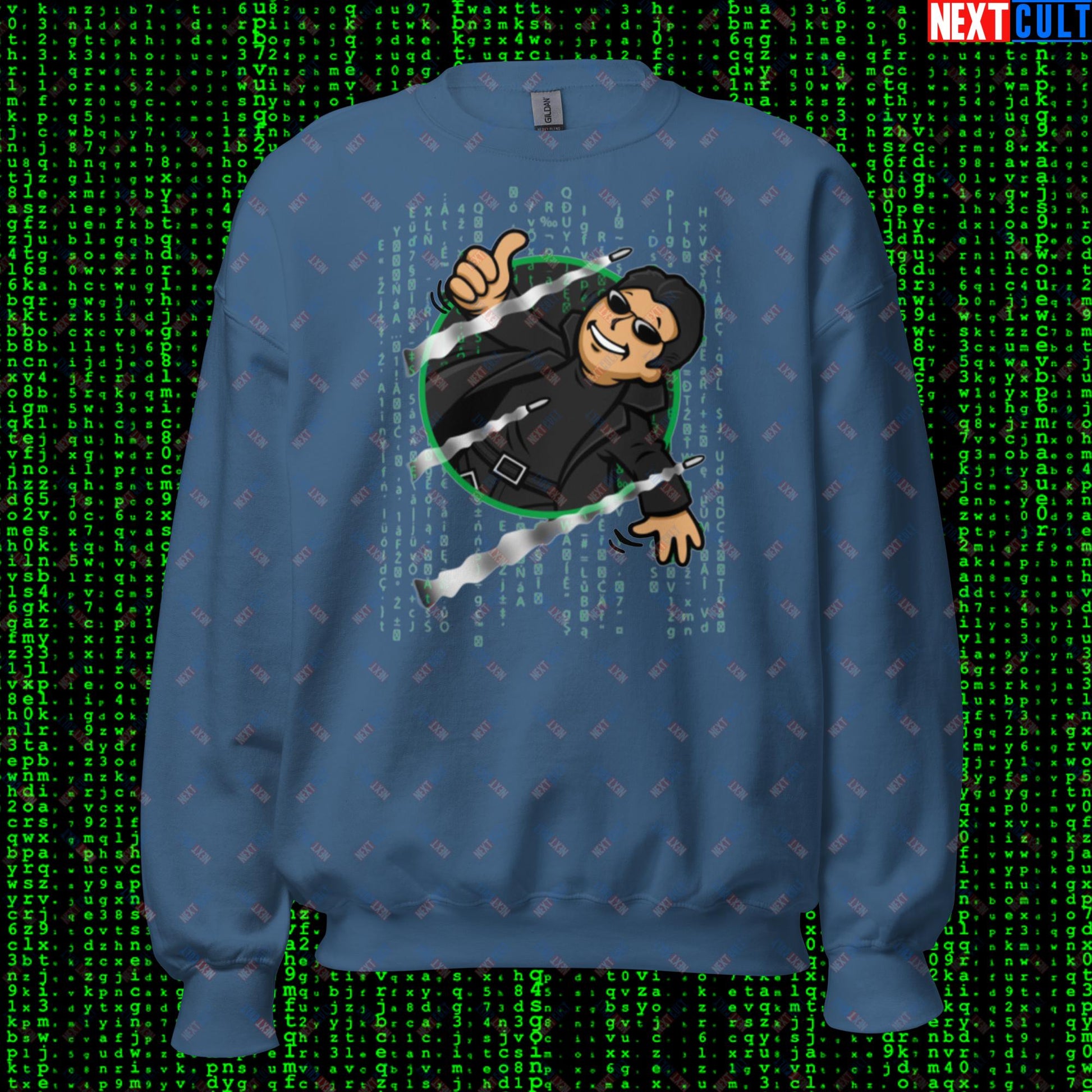 Neo Matrix Vault Boy Fallout Funny Meme Cartoon Mashup Unisex Sweatshirt Indigo Blue Sweatshirts Fallout Keanu Reeves Matrix Movies Vault Boy Next Cult Brand