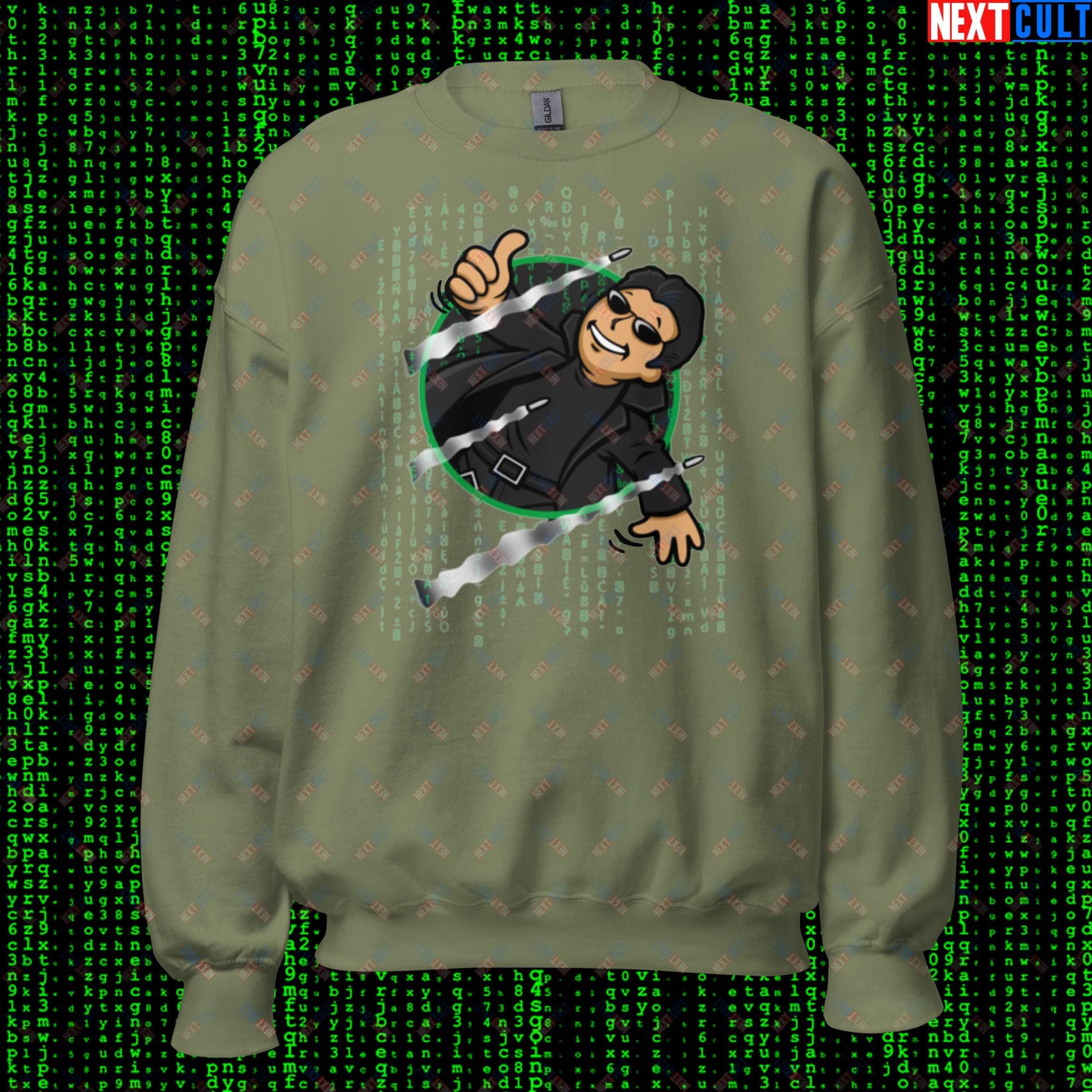 Neo Matrix Vault Boy Fallout Funny Meme Cartoon Mashup Unisex Sweatshirt Military Green Sweatshirts Fallout Keanu Reeves Matrix Movies Vault Boy Next Cult Brand