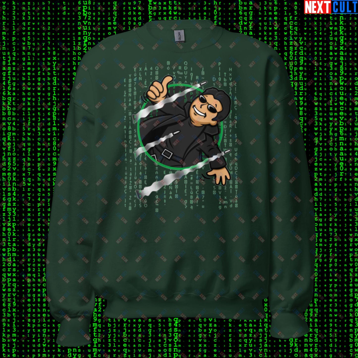 Neo Matrix Vault Boy Fallout Funny Meme Cartoon Mashup Unisex Sweatshirt Forest Green Sweatshirts Fallout Keanu Reeves Matrix Movies Vault Boy Next Cult Brand