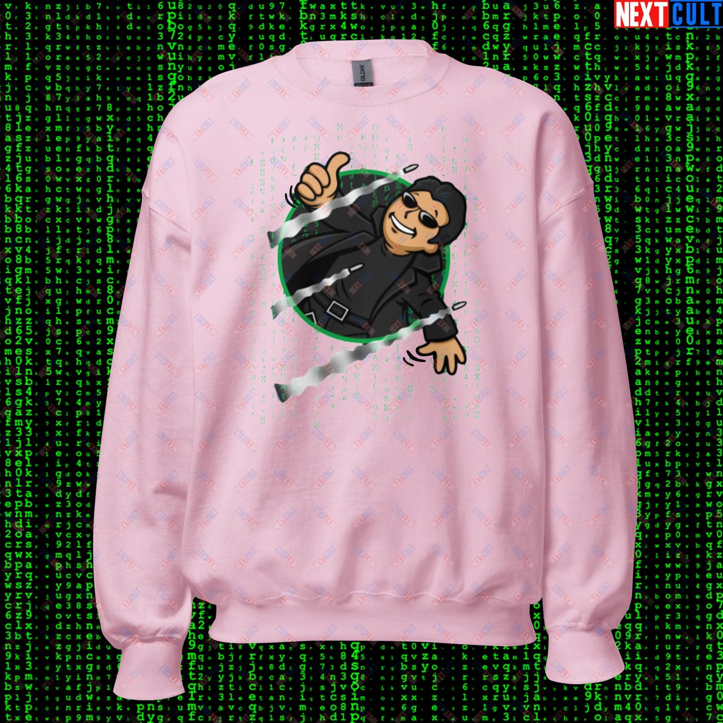 Neo Matrix Vault Boy Fallout Funny Meme Cartoon Mashup Unisex Sweatshirt Light Pink Sweatshirts Fallout Keanu Reeves Matrix Movies Vault Boy Next Cult Brand