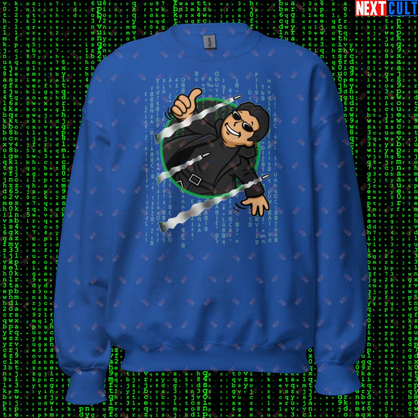 Neo Matrix Vault Boy Fallout Funny Meme Cartoon Mashup Unisex Sweatshirt Royal Sweatshirts Fallout Keanu Reeves Matrix Movies Vault Boy Next Cult Brand