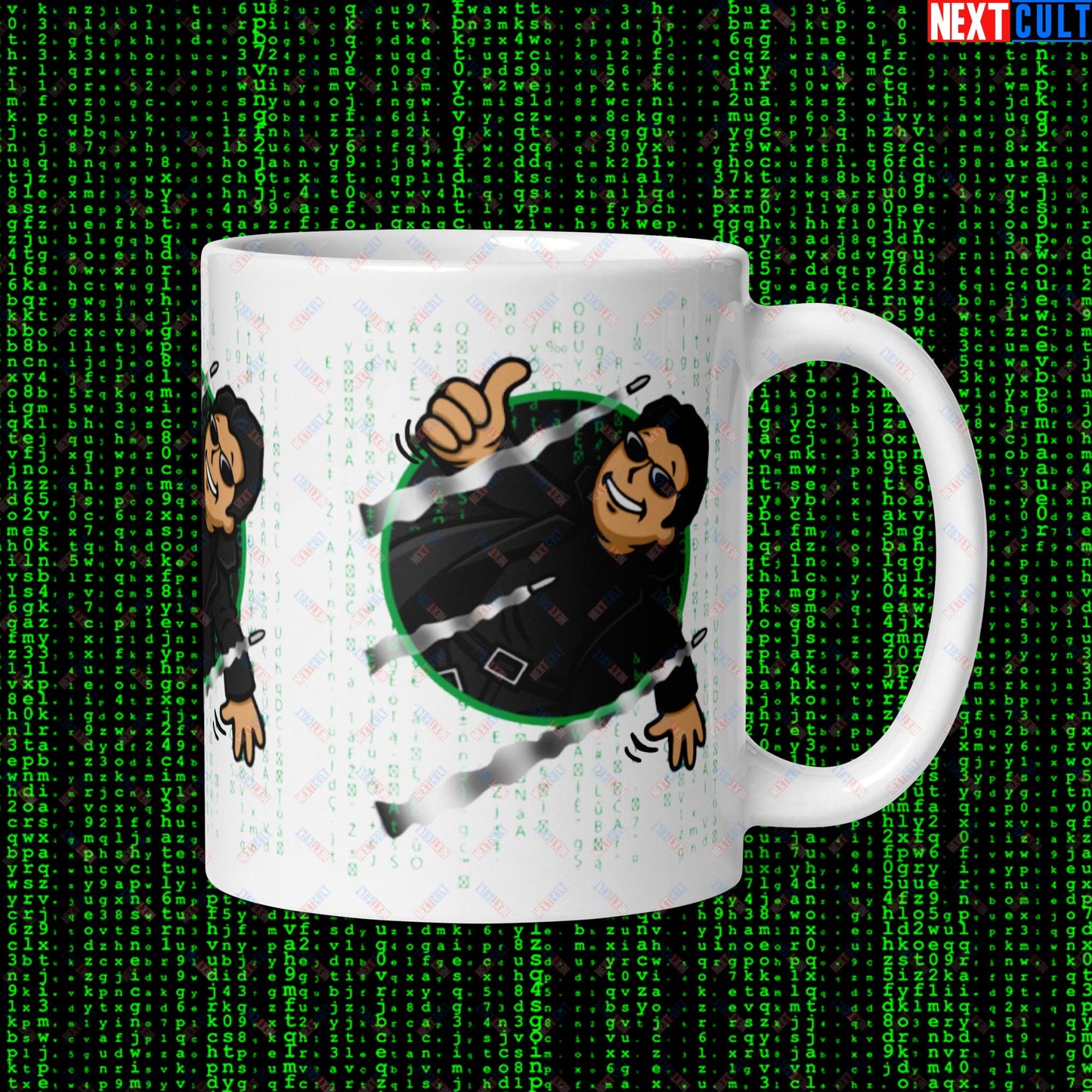 Neo Matrix Vault Boy Fallout Funny Meme Cartoon Mashup White glossy mug Default Title Mugs Fallout Keanu Reeves Matrix Movies Vault Boy Next Cult Brand