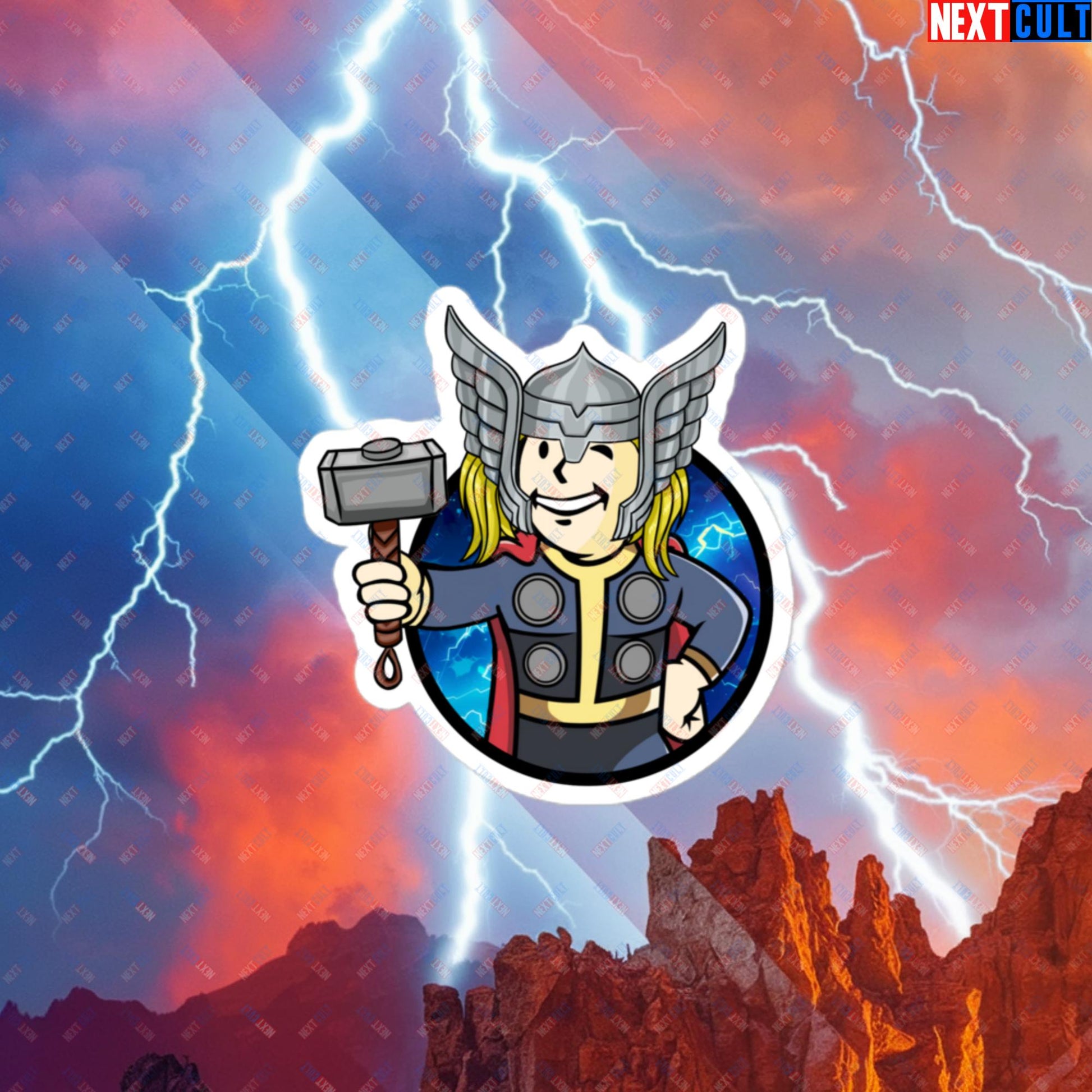 Norse Boy Thor Vault Boy Fallout Funny Meme Cartoon Mashup Bubble-free stickers Next Cult Brand