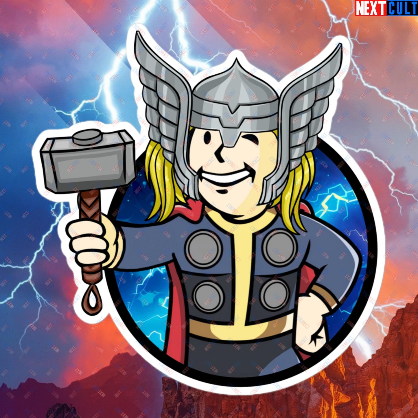 Norse Boy Thor Vault Boy Fallout Funny Meme Cartoon Mashup Bubble-free stickers 5.5″×5.5″ Stickers Chris Hemsworth Fallout Movies Superheroes Thor Vault Boy Next Cult Brand