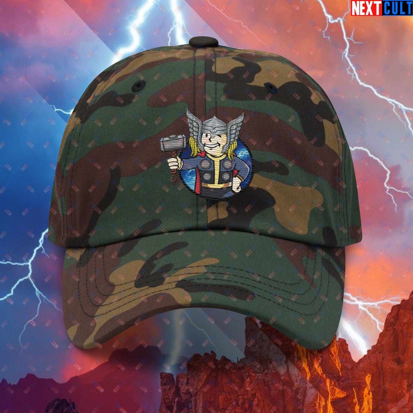 Norse Boy Thor Vault Boy Fallout Funny Meme Cartoon Mashup Dad hat Green Camo Hats Chris Hemsworth Fallout Movies Superheroes Thor Vault Boy Next Cult Brand