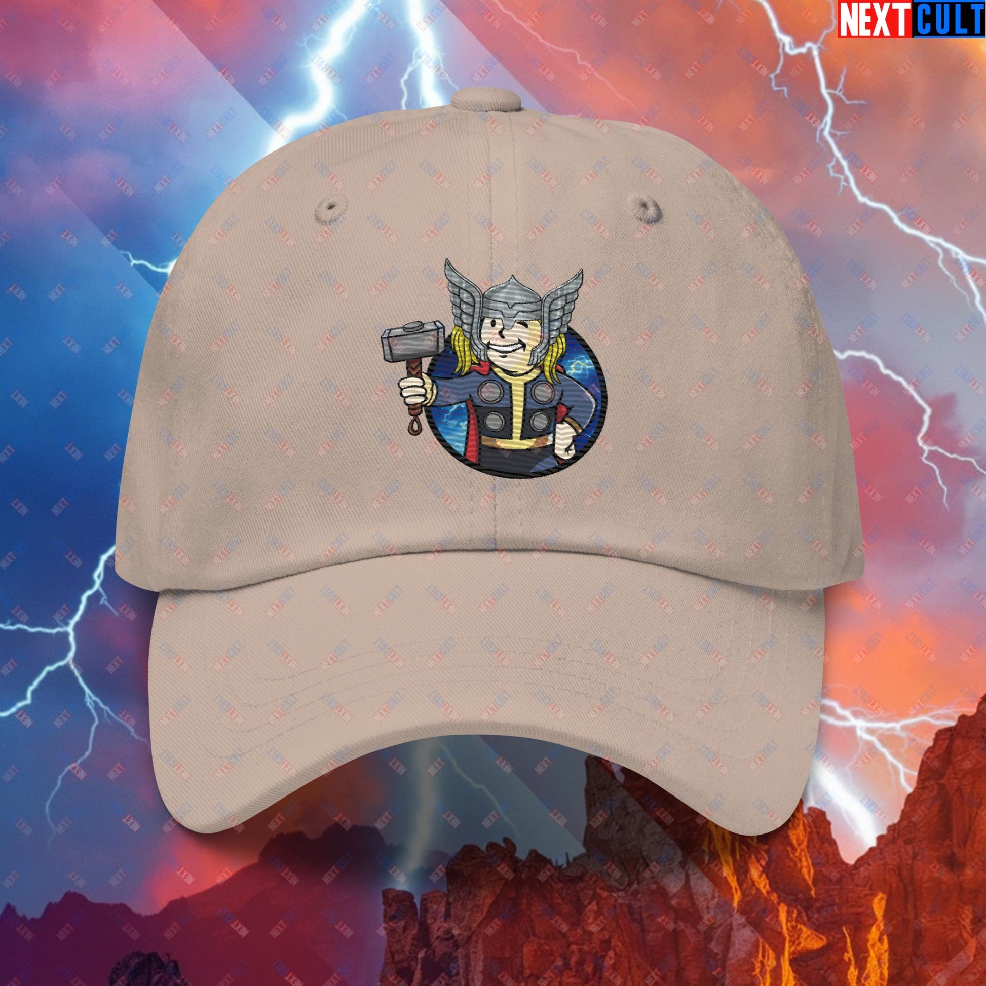 Norse Boy Thor Vault Boy Fallout Funny Meme Cartoon Mashup Dad hat Stone Hats Chris Hemsworth Fallout Movies Superheroes Thor Vault Boy Next Cult Brand