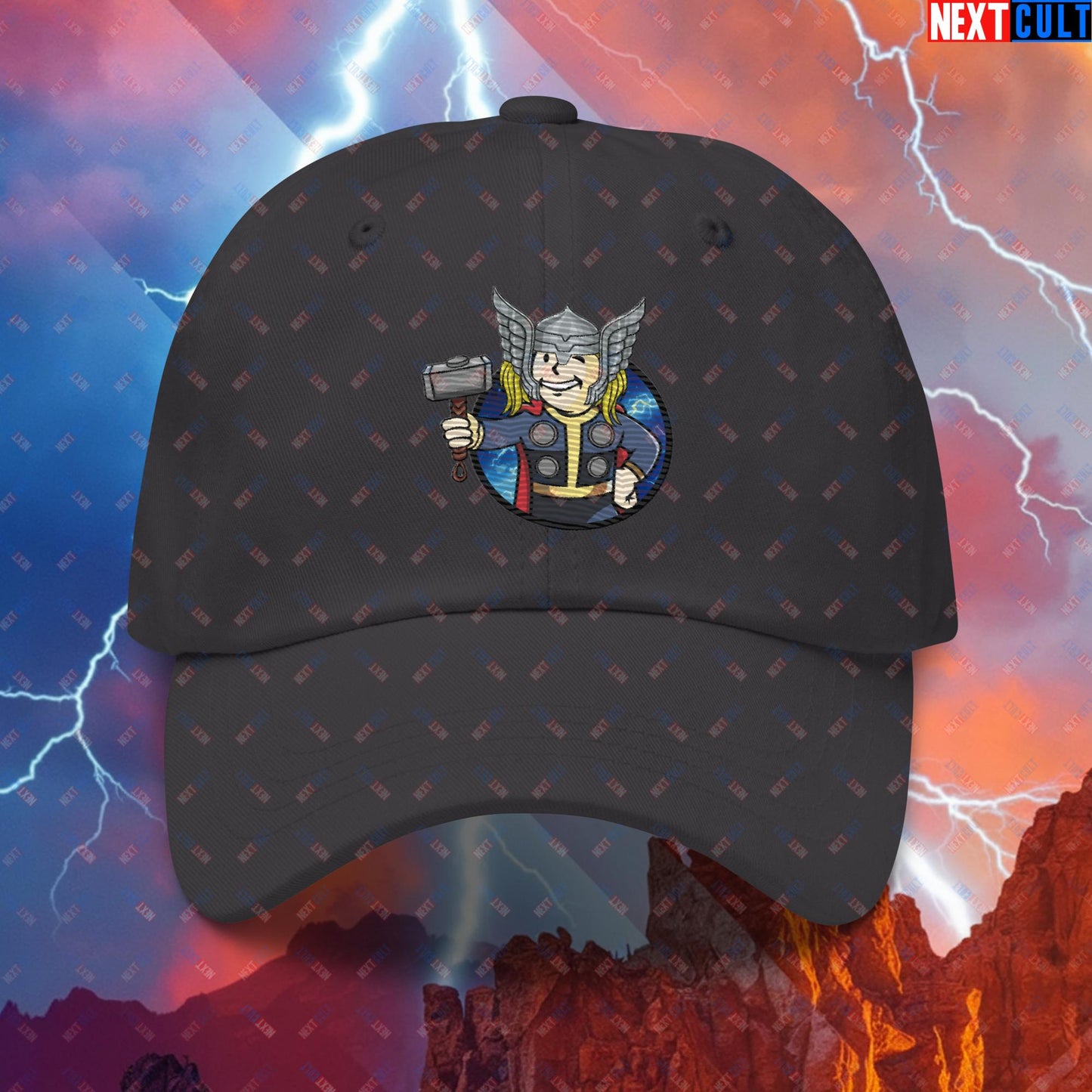 Norse Boy Thor Vault Boy Fallout Funny Meme Cartoon Mashup Dad hat Dark Grey Hats Chris Hemsworth Fallout Movies Superheroes Thor Vault Boy Next Cult Brand