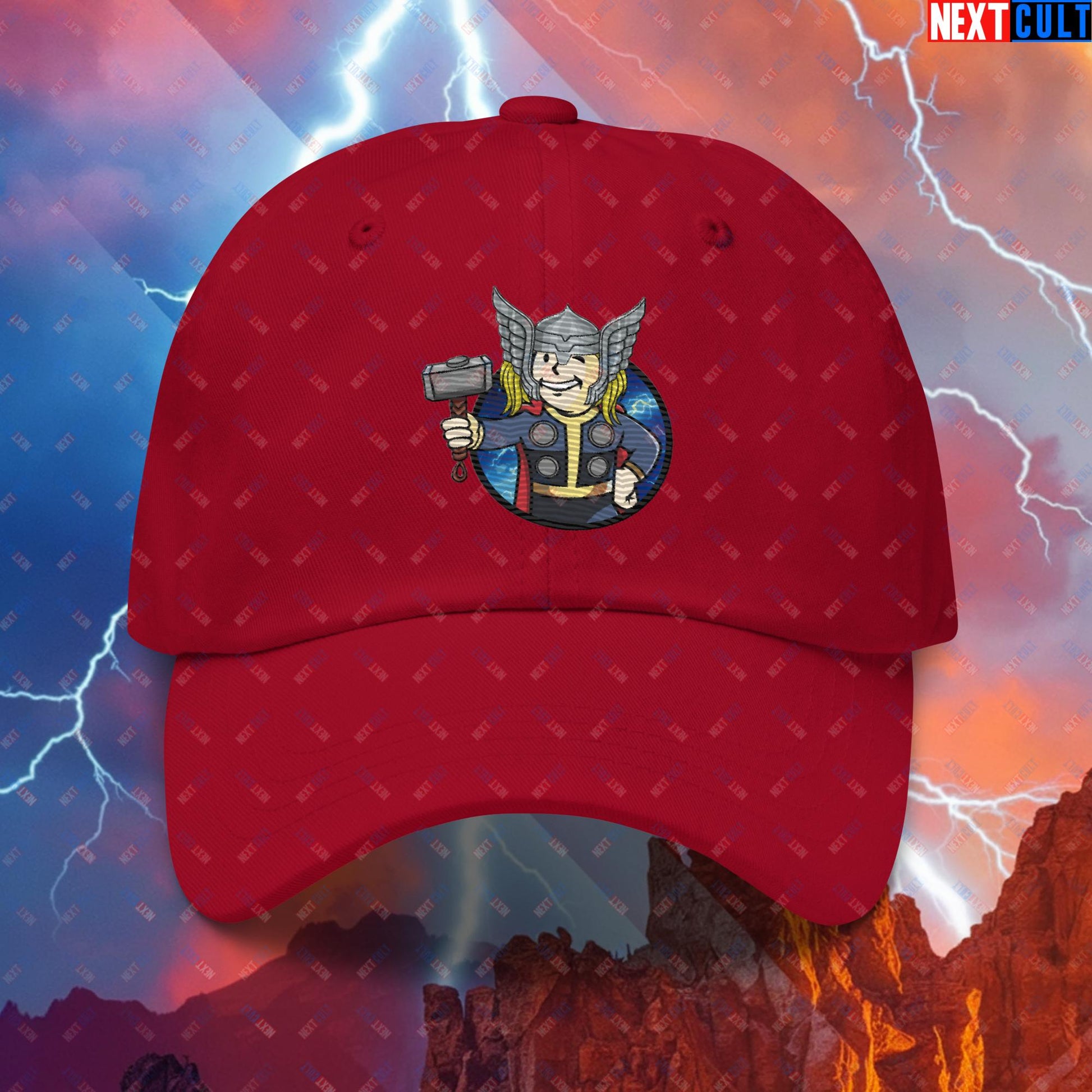 Norse Boy Thor Vault Boy Fallout Funny Meme Cartoon Mashup Dad hat Cranberry Hats Chris Hemsworth Fallout Movies Superheroes Thor Vault Boy Next Cult Brand