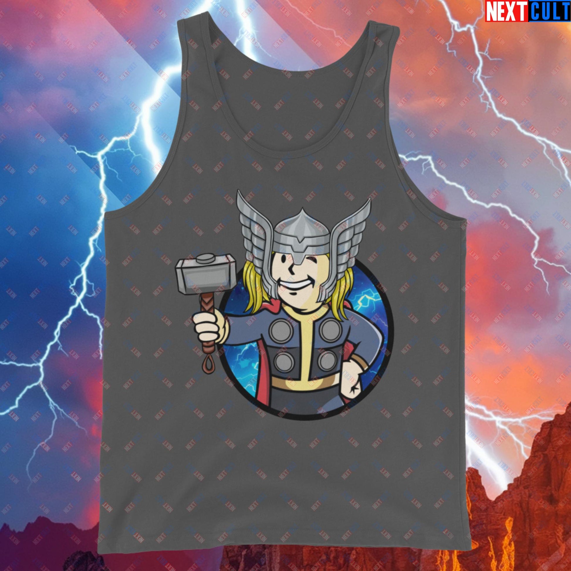 Norse Boy Thor Vault Boy Fallout Funny Meme Cartoon Mashup Tank Top Asphalt Tank Tops Chris Hemsworth Fallout Movies Superheroes Thor Vault Boy Next Cult Brand