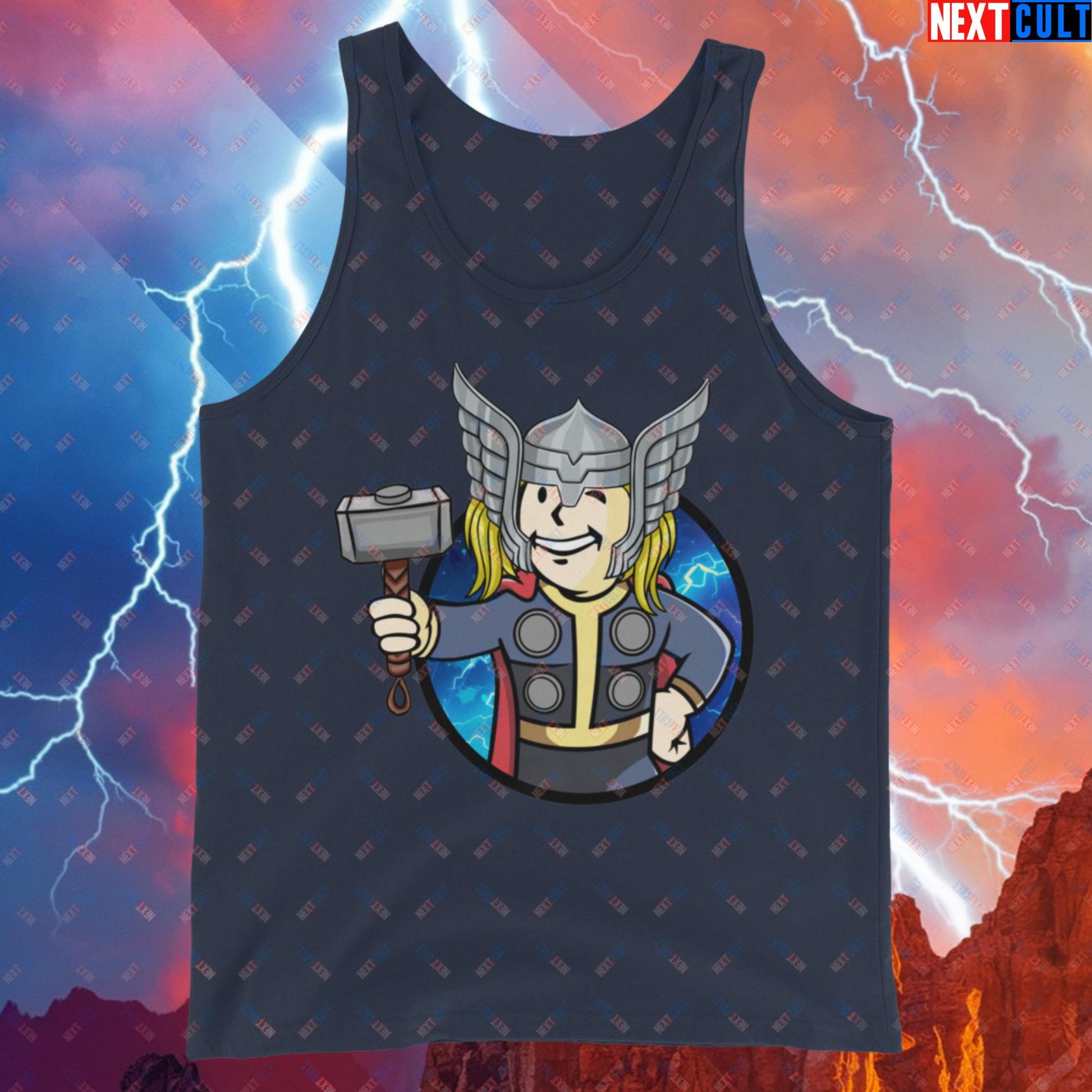 Norse Boy Thor Vault Boy Fallout Funny Meme Cartoon Mashup Tank Top Navy Tank Tops Chris Hemsworth Fallout Movies Superheroes Thor Vault Boy Next Cult Brand