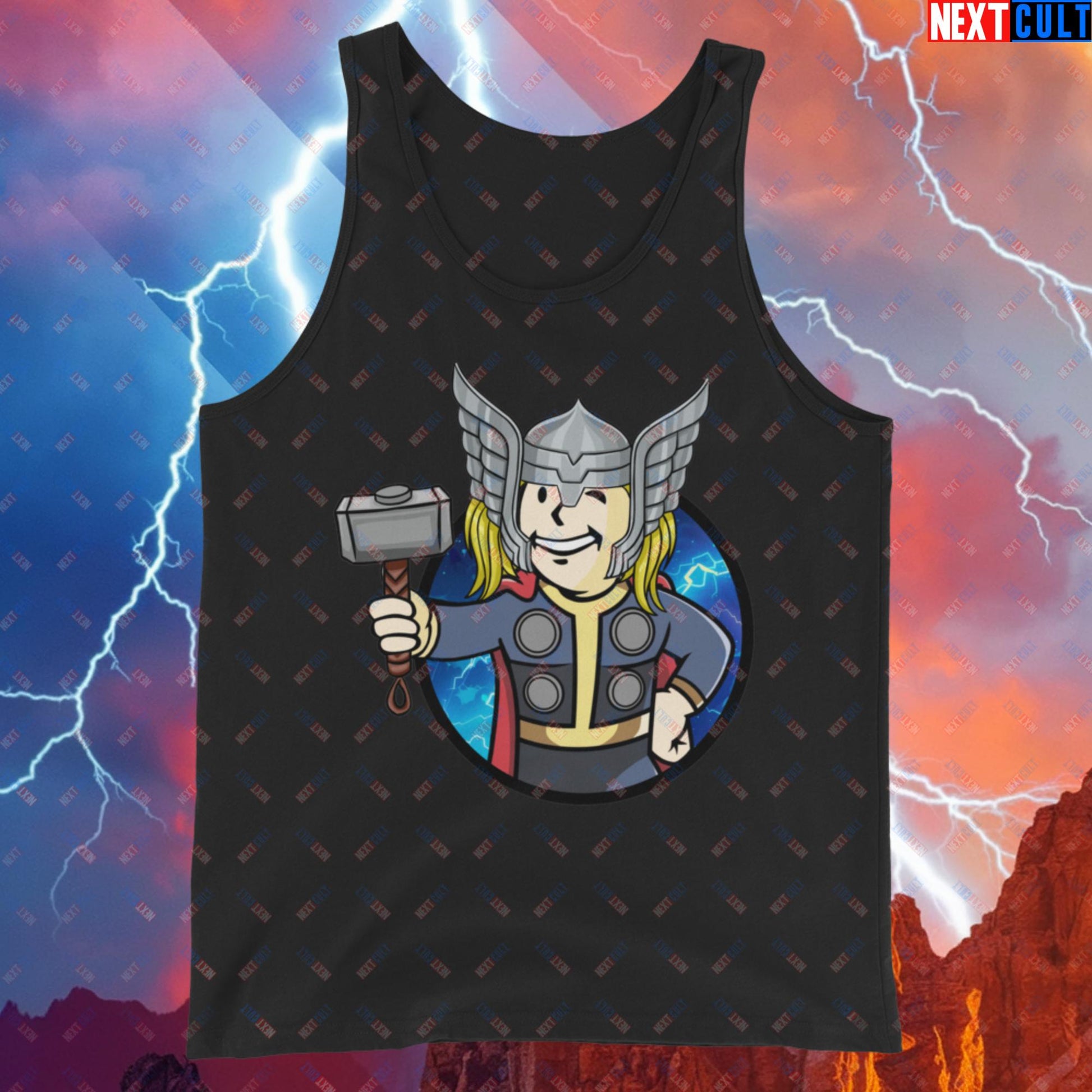 Norse Boy Thor Vault Boy Fallout Funny Meme Cartoon Mashup Tank Top Black Tank Tops Chris Hemsworth Fallout Movies Superheroes Thor Vault Boy Next Cult Brand