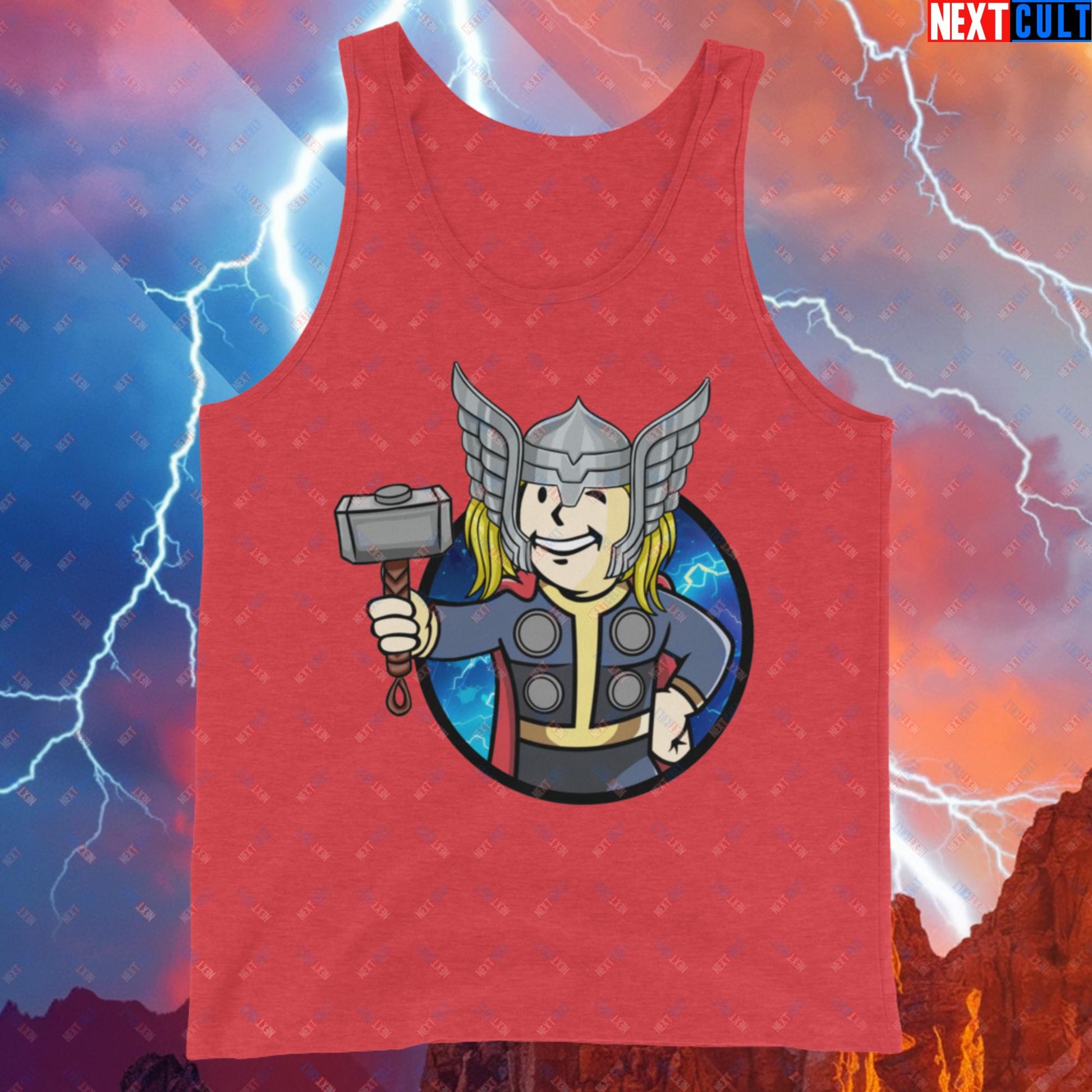 Norse Boy Thor Vault Boy Fallout Funny Meme Cartoon Mashup Tank Top Red Triblend Tank Tops Chris Hemsworth Fallout Movies Superheroes Thor Vault Boy Next Cult Brand