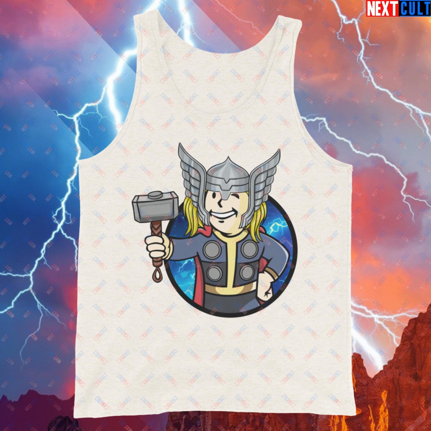 Norse Boy Thor Vault Boy Fallout Funny Meme Cartoon Mashup Tank Top Oatmeal Triblend Tank Tops Chris Hemsworth Fallout Movies Superheroes Thor Vault Boy Next Cult Brand