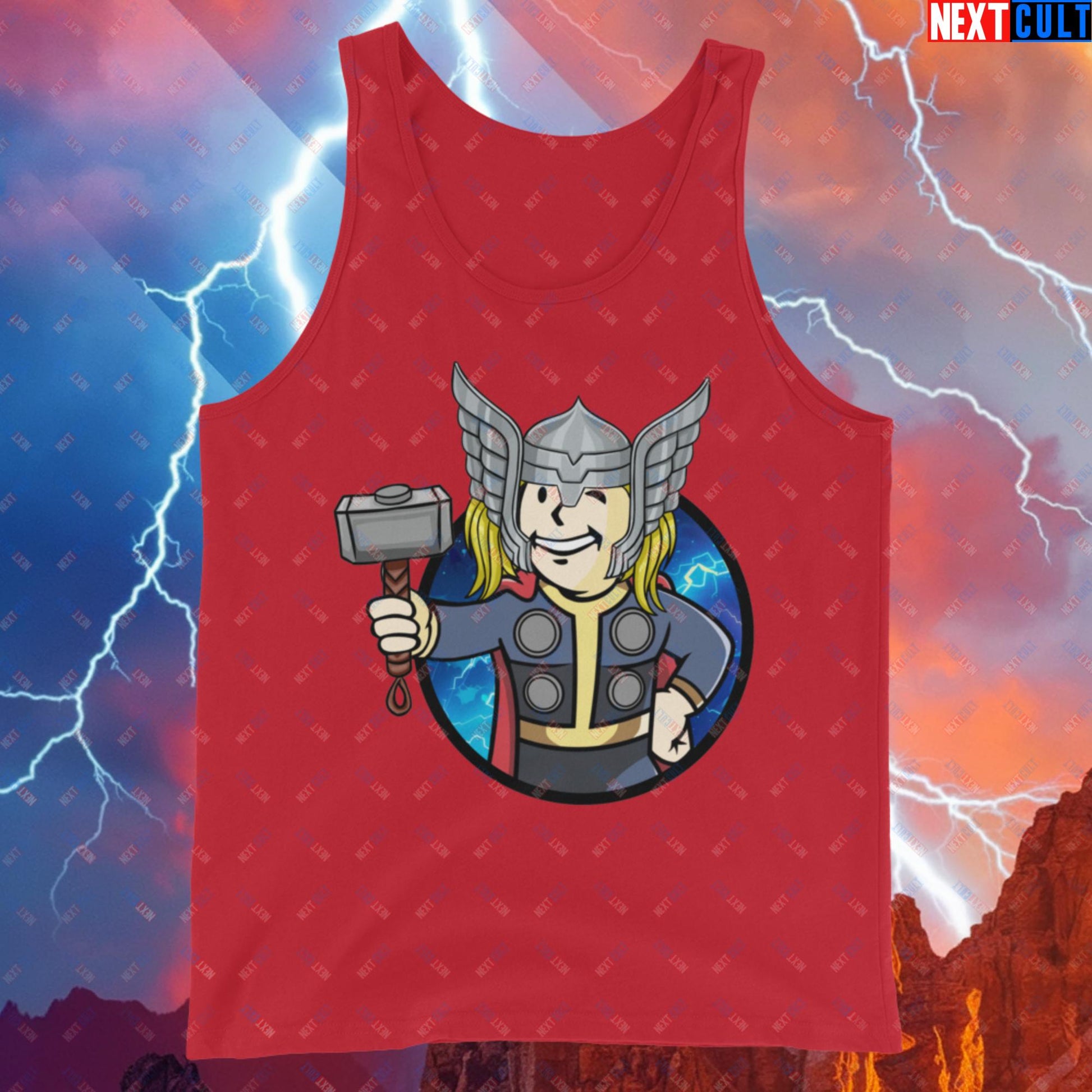 Norse Boy Thor Vault Boy Fallout Funny Meme Cartoon Mashup Tank Top Red Tank Tops Chris Hemsworth Fallout Movies Superheroes Thor Vault Boy Next Cult Brand