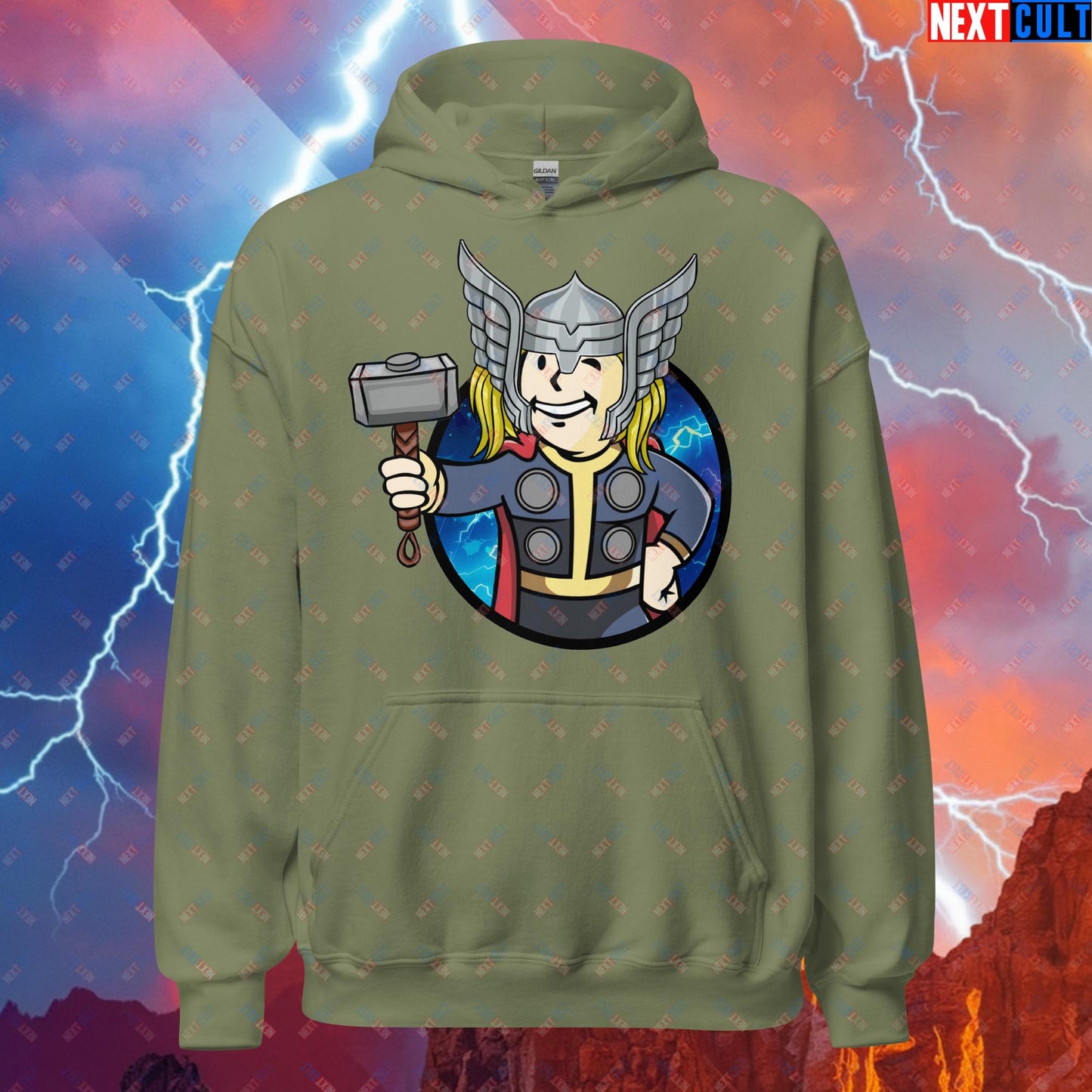 Norse Boy Thor Vault Boy Fallout Funny Meme Cartoon Mashup Unisex Hoodie Military Green Hoodies Chris Hemsworth Fallout Movies Superheroes Thor Vault Boy Next Cult Brand