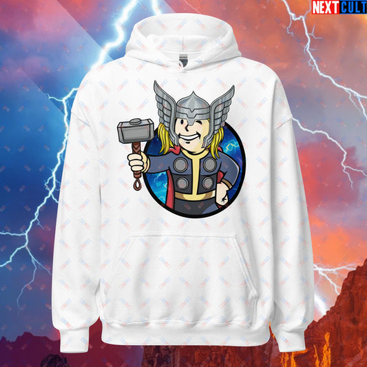 Norse Boy Thor Vault Boy Fallout Funny Meme Cartoon Mashup Unisex Hoodie White Hoodies Chris Hemsworth Fallout Movies Superheroes Thor Vault Boy Next Cult Brand