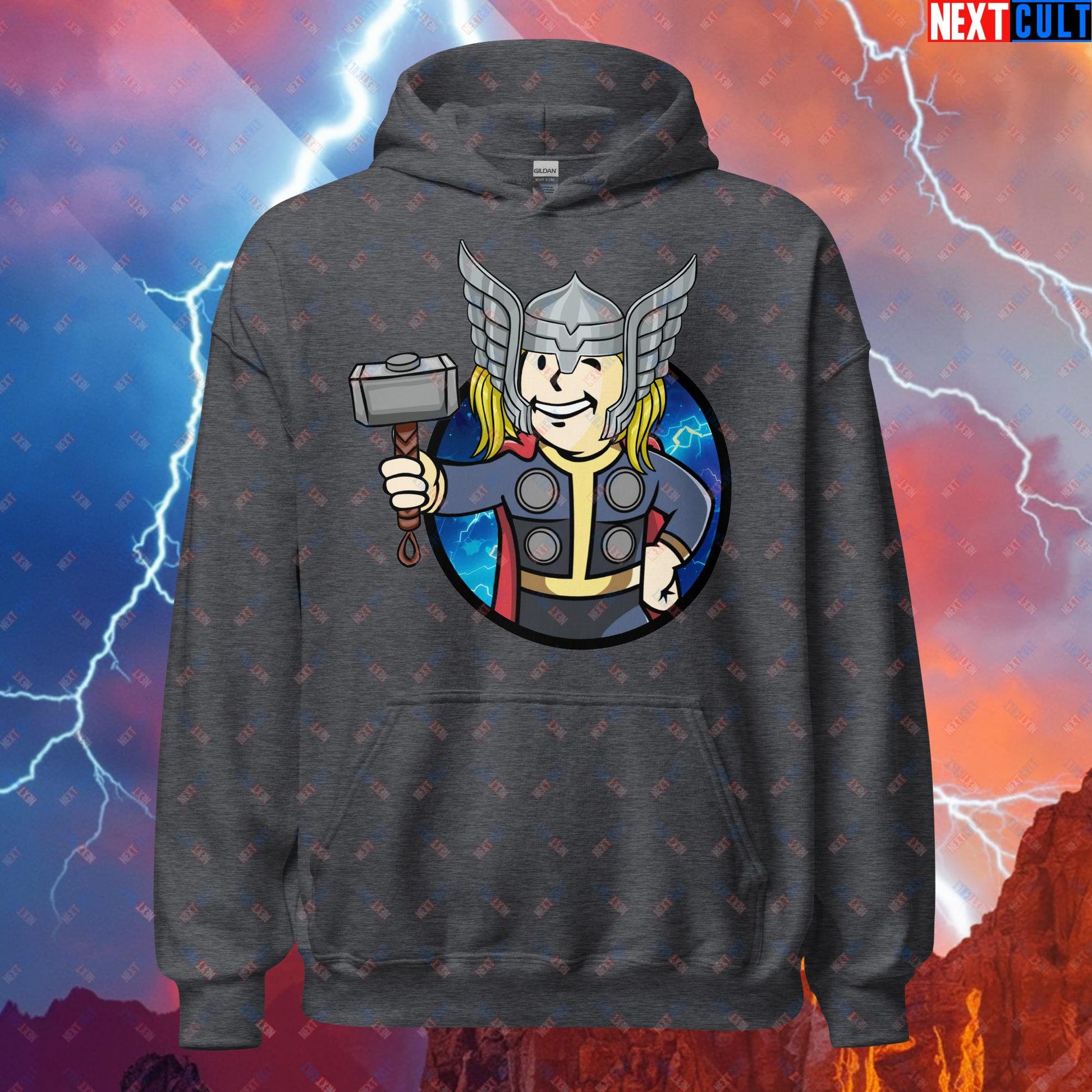 Norse Boy Thor Vault Boy Fallout Funny Meme Cartoon Mashup Unisex Hoodie Dark Heather Hoodies Chris Hemsworth Fallout Movies Superheroes Thor Vault Boy Next Cult Brand