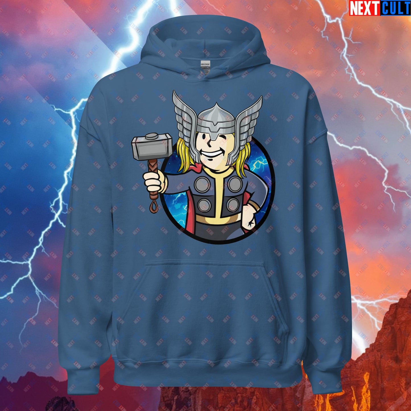 Norse Boy Thor Vault Boy Fallout Funny Meme Cartoon Mashup Unisex Hoodie Indigo Blue Hoodies Chris Hemsworth Fallout Movies Superheroes Thor Vault Boy Next Cult Brand