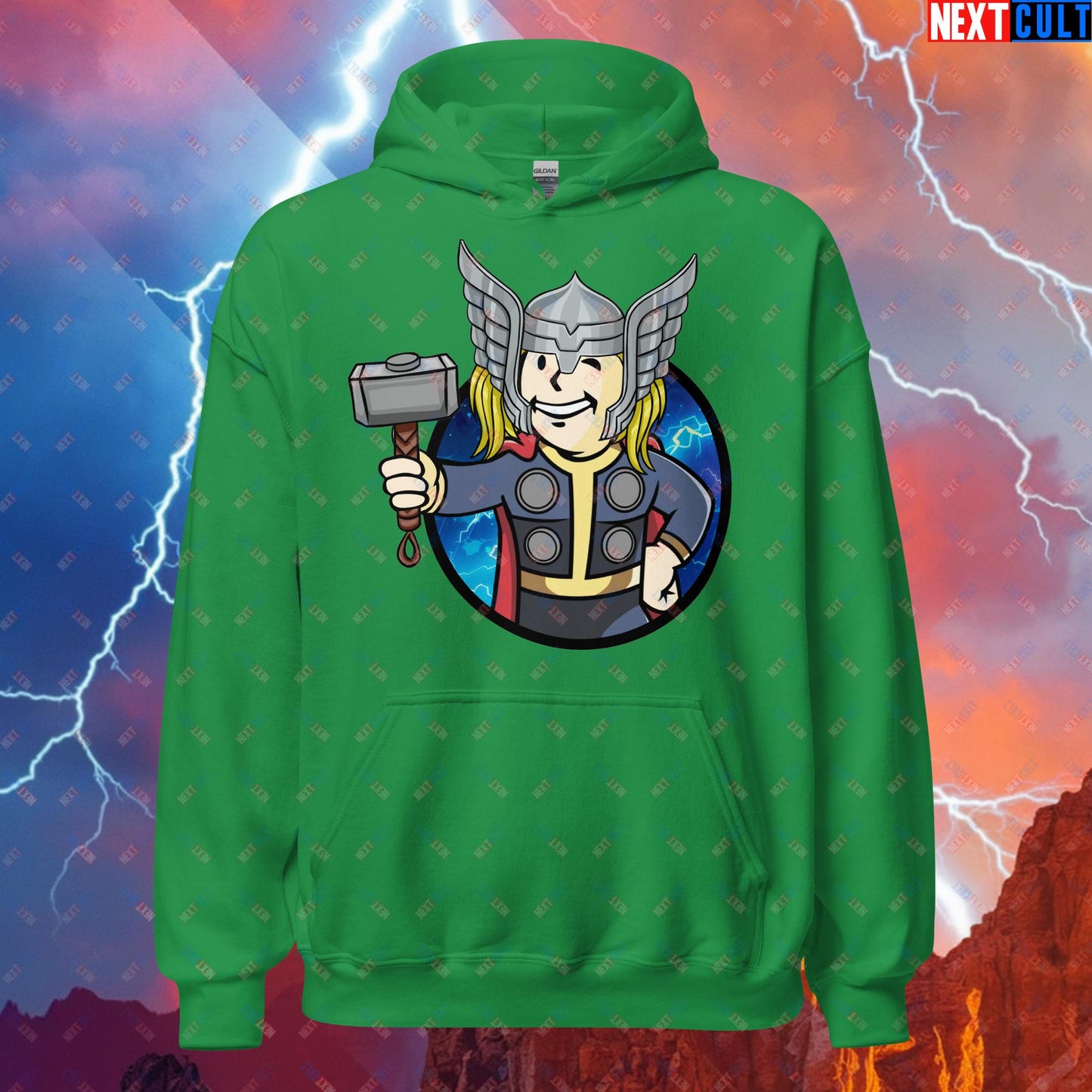 Norse Boy Thor Vault Boy Fallout Funny Meme Cartoon Mashup Unisex Hoodie Irish Green Hoodies Chris Hemsworth Fallout Movies Superheroes Thor Vault Boy Next Cult Brand