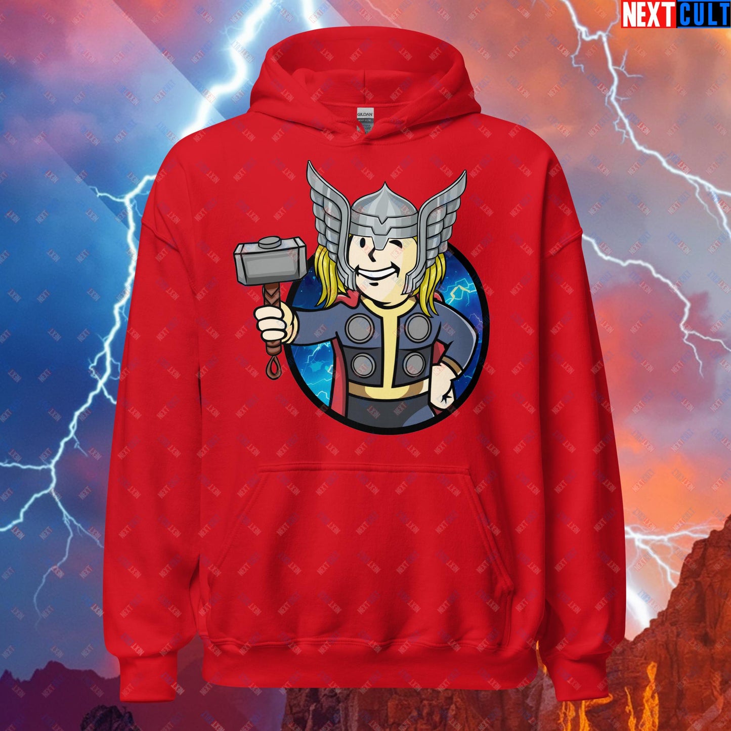 Norse Boy Thor Vault Boy Fallout Funny Meme Cartoon Mashup Unisex Hoodie Red Hoodies Chris Hemsworth Fallout Movies Superheroes Thor Vault Boy Next Cult Brand