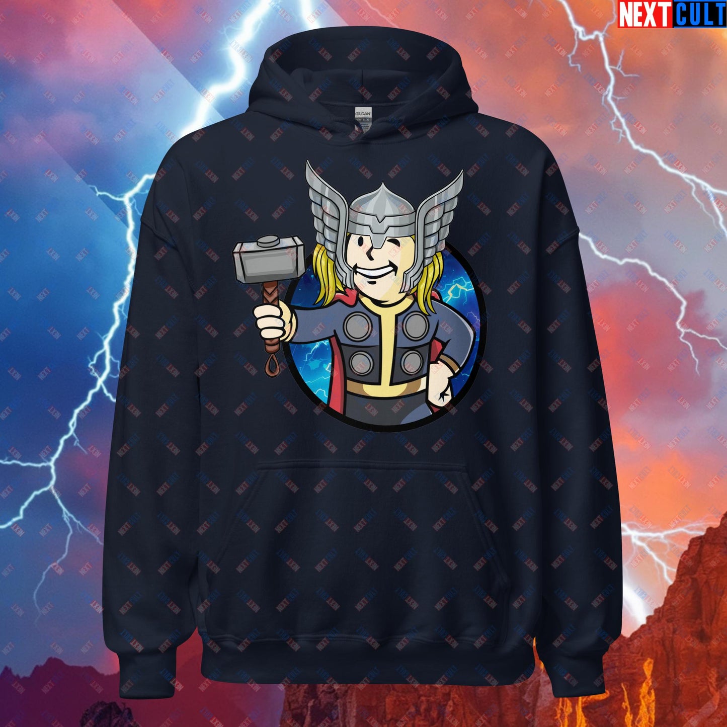 Norse Boy Thor Vault Boy Fallout Funny Meme Cartoon Mashup Unisex Hoodie Navy Hoodies Chris Hemsworth Fallout Movies Superheroes Thor Vault Boy Next Cult Brand