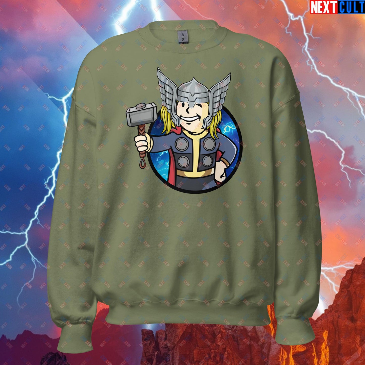 Norse Boy Thor Vault Boy Fallout Funny Meme Cartoon Mashup Unisex Sweatshirt Military Green Sweatshirts Chris Hemsworth Fallout Movies Superheroes Thor Vault Boy Next Cult Brand