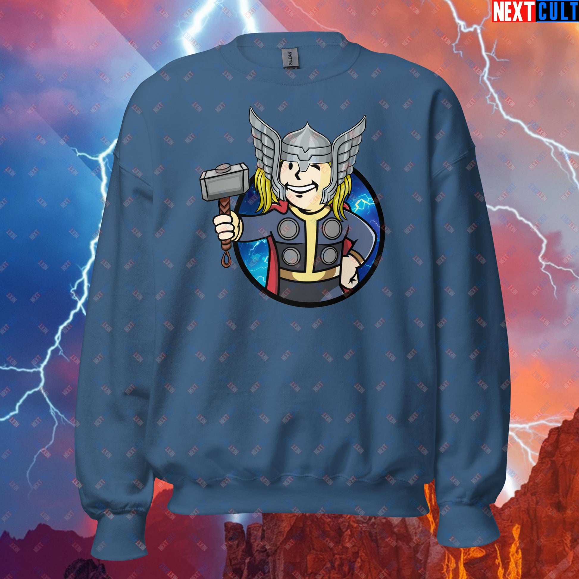 Norse Boy Thor Vault Boy Fallout Funny Meme Cartoon Mashup Unisex Sweatshirt Indigo Blue Sweatshirts Chris Hemsworth Fallout Movies Superheroes Thor Vault Boy Next Cult Brand