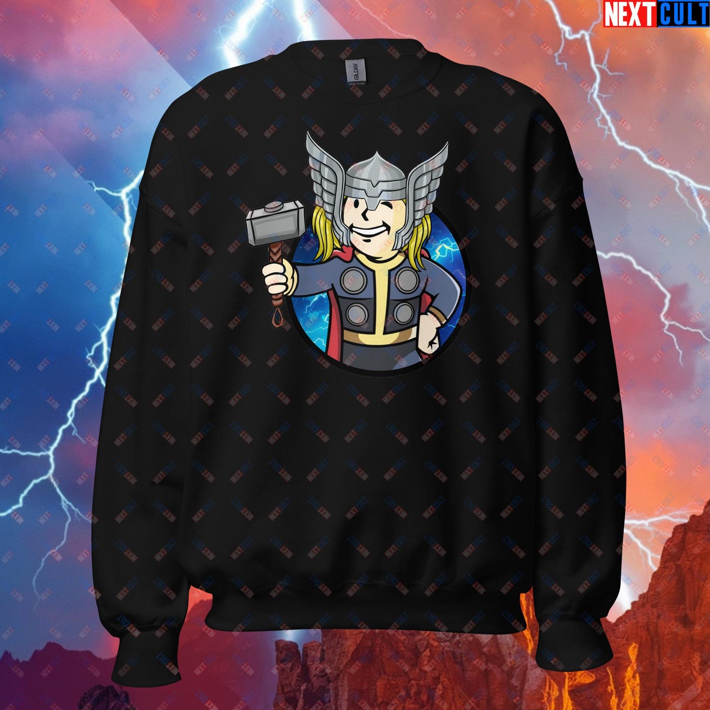 Norse Boy Thor Vault Boy Fallout Funny Meme Cartoon Mashup Unisex Sweatshirt Black Sweatshirts Chris Hemsworth Fallout Movies Superheroes Thor Vault Boy Next Cult Brand