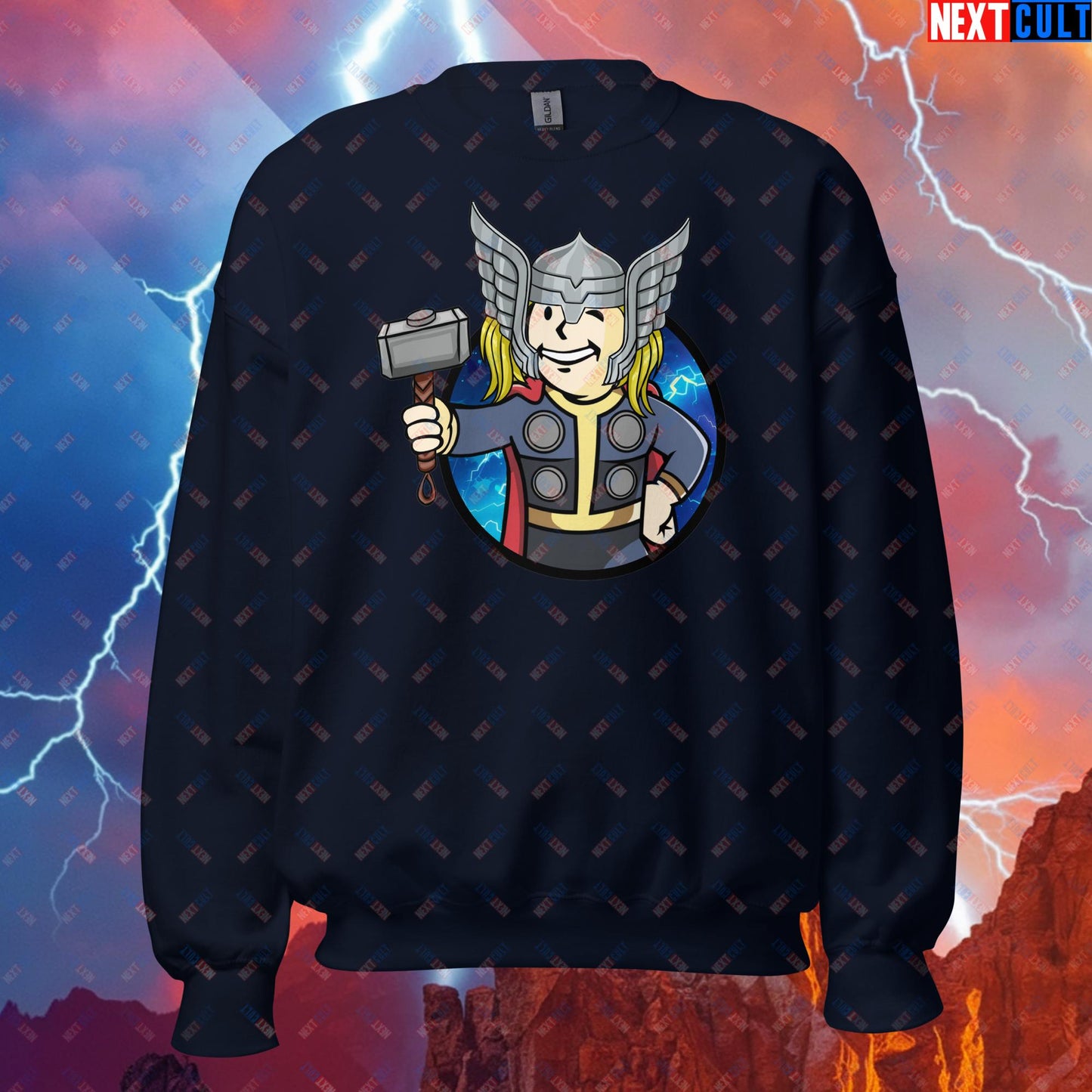 Norse Boy Thor Vault Boy Fallout Funny Meme Cartoon Mashup Unisex Sweatshirt Navy Sweatshirts Chris Hemsworth Fallout Movies Superheroes Thor Vault Boy Next Cult Brand