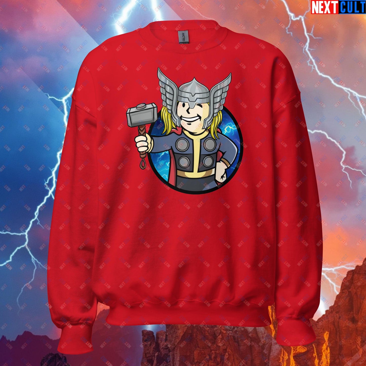 Norse Boy Thor Vault Boy Fallout Funny Meme Cartoon Mashup Unisex Sweatshirt Red Sweatshirts Chris Hemsworth Fallout Movies Superheroes Thor Vault Boy Next Cult Brand