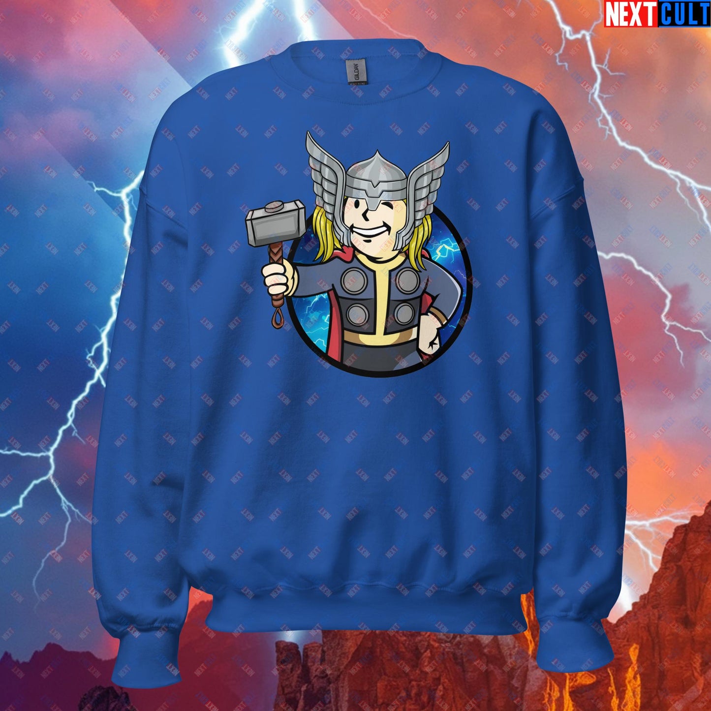 Norse Boy Thor Vault Boy Fallout Funny Meme Cartoon Mashup Unisex Sweatshirt Royal Sweatshirts Chris Hemsworth Fallout Movies Superheroes Thor Vault Boy Next Cult Brand