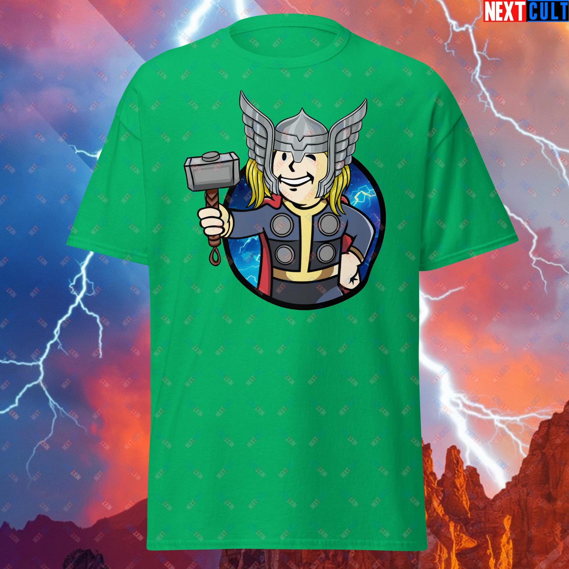 Norse Boy Thor Vault Boy Fallout Funny Meme Cartoon Mashup Unisex tee Irish Green T-shirts Chris Hemsworth Fallout Movies Superheroes Thor Vault Boy Next Cult Brand