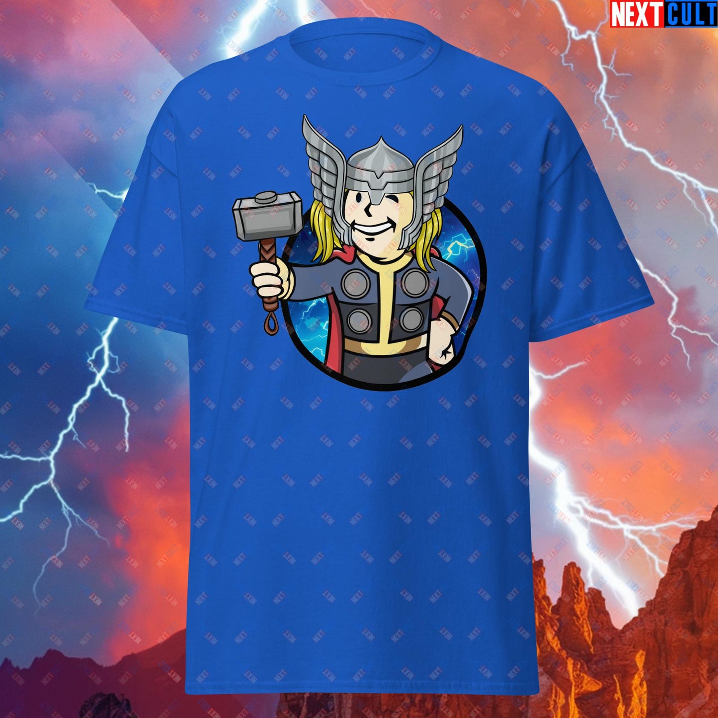 Norse Boy Thor Vault Boy Fallout Funny Meme Cartoon Mashup Unisex tee Royal T-shirts Chris Hemsworth Fallout Movies Superheroes Thor Vault Boy Next Cult Brand