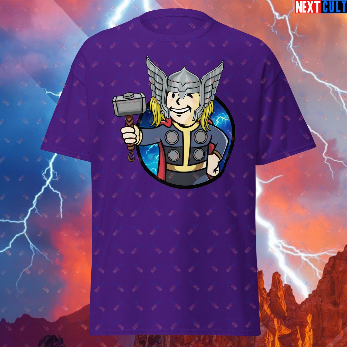 Norse Boy Thor Vault Boy Fallout Funny Meme Cartoon Mashup Unisex tee Purple T-shirts Chris Hemsworth Fallout Movies Superheroes Thor Vault Boy Next Cult Brand