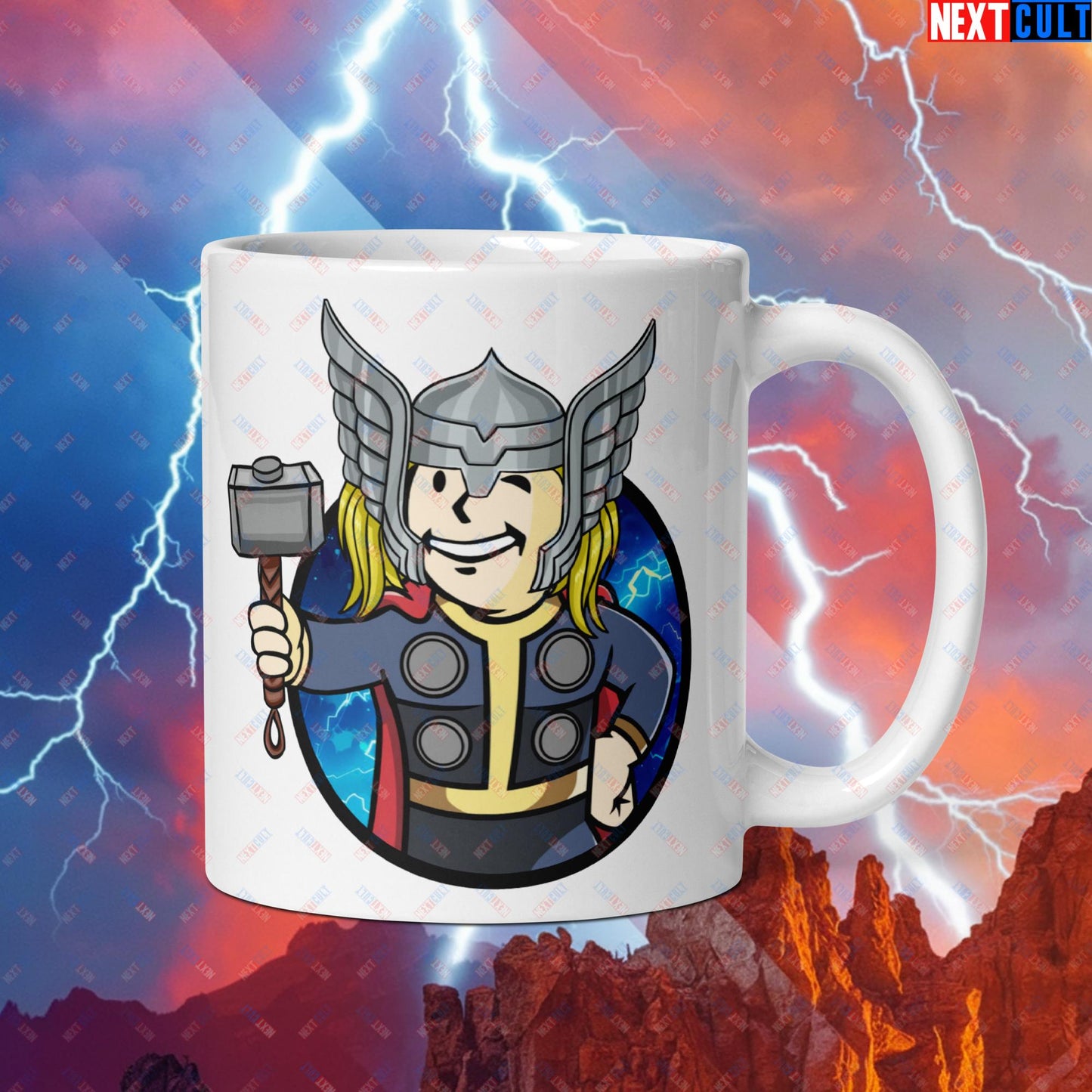 Norse Boy Thor Vault Boy Fallout Funny Meme Cartoon Mashup White glossy mug Default Title Mugs Chris Hemsworth Fallout Movies Superheroes Thor Vault Boy Next Cult Brand