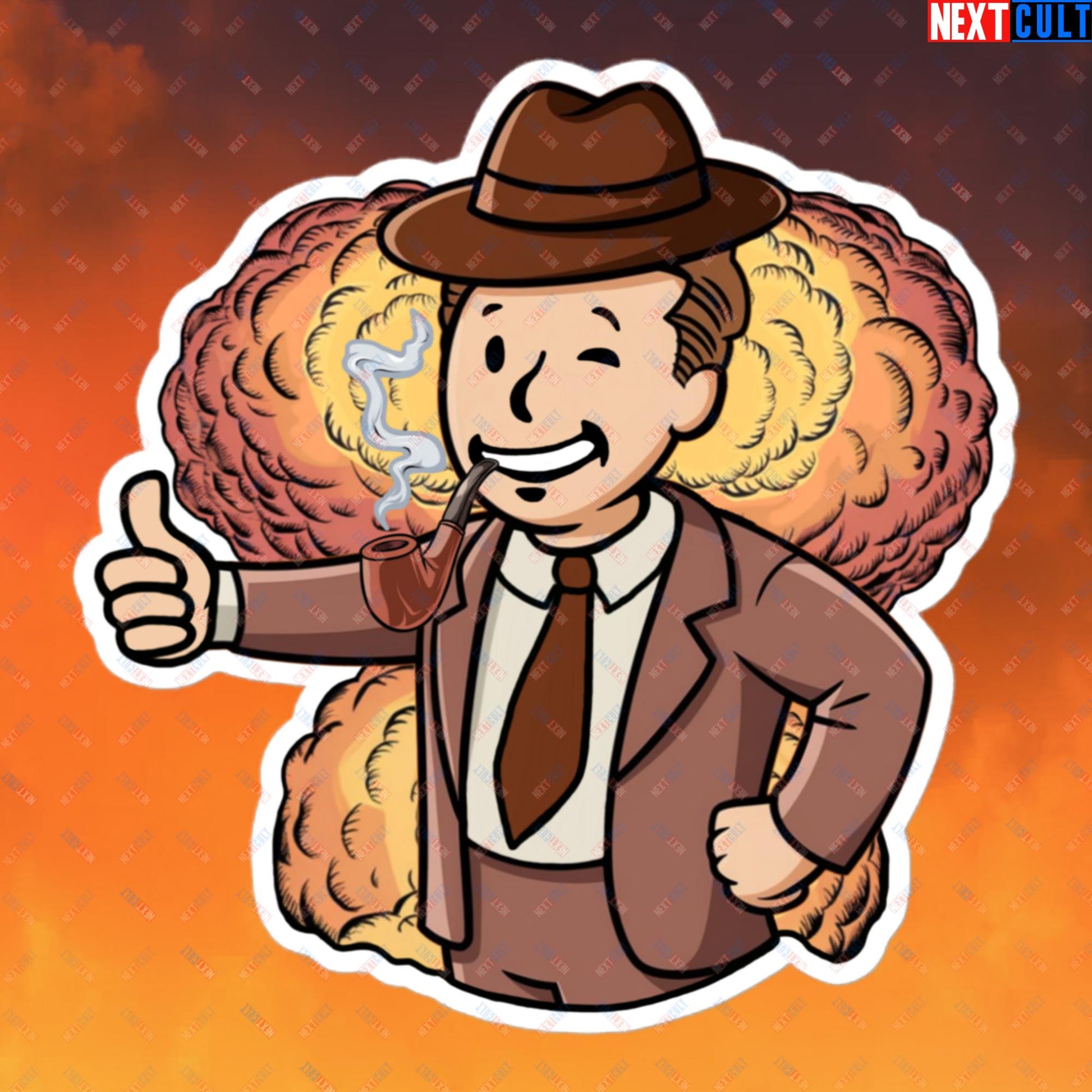 Nuclear Boy Oppenheimer Vault Boy Fallout Funny Meme Cartoon Mashup Bubble-free stickers 5.5″×5.5″ Stickers Fallout Movies Oppenheimer Vault Boy Next Cult Brand