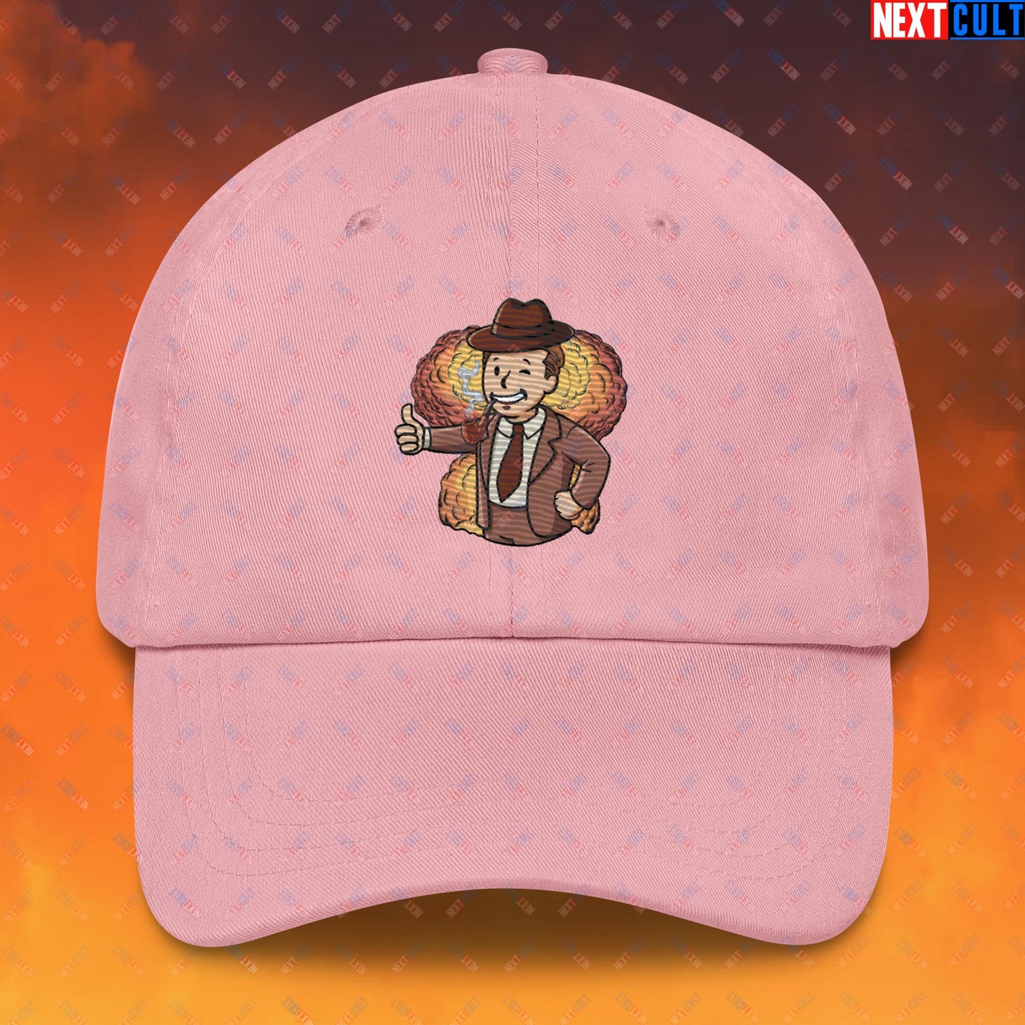 Nuclear Boy Oppenheimer Vault Boy Fallout Funny Meme Cartoon Mashup Dad hat Pink Hats Fallout Movies Oppenheimer Vault Boy Next Cult Brand